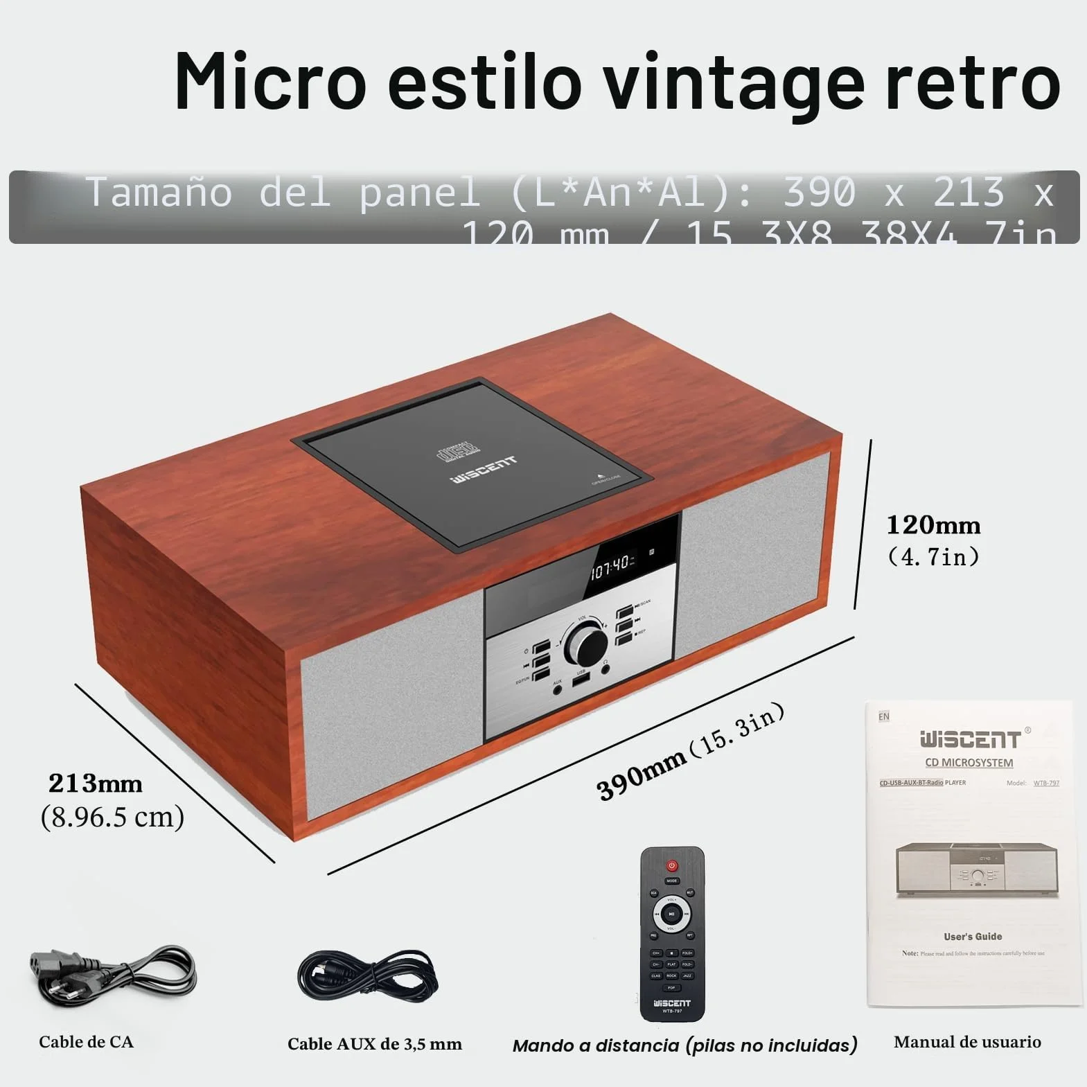 WISCENT Reproductor de CD 30 W RMS con Bluetooth Radio FM USB AUX