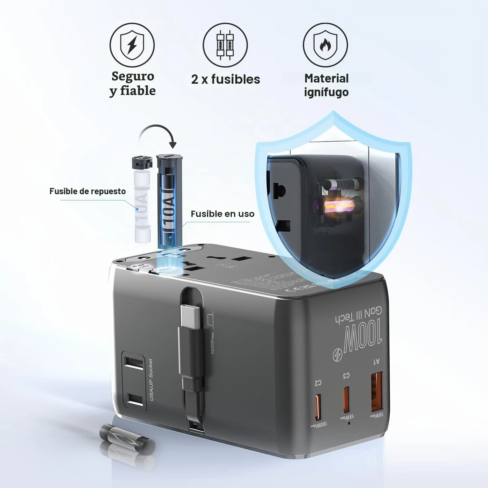 MINIX - Adaptador de viaje universal de 100 W con cable USB C retráctil, PD 3.0 GaN III, puertos USB-C * 3 USBA * 1, enchufe AC, cargador de viaje mundial para ordenadores portátiles y tablets