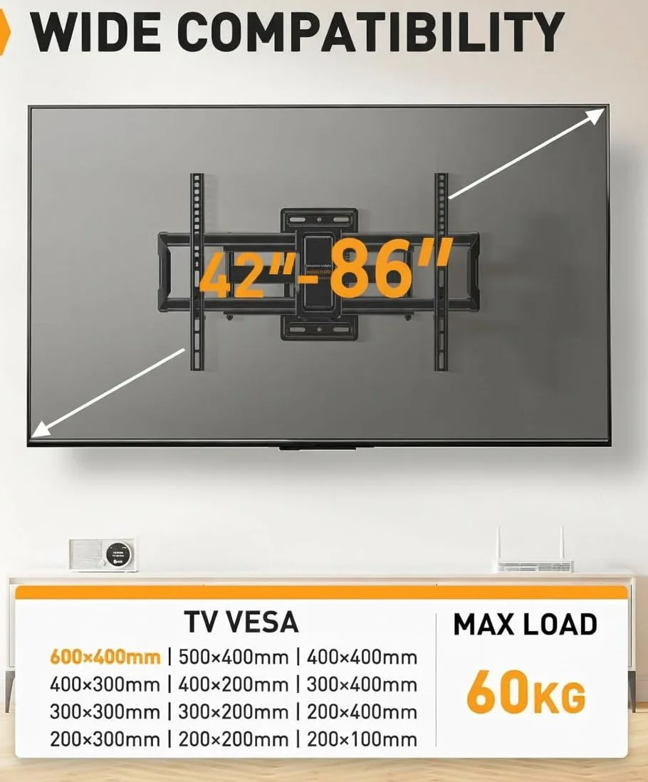 PERLEGEAR Soporte TV Pared Movimiento Completo 42-86 Pulgadas VESA 600x400mm 60kg Giro Inclinación sin Herramientas