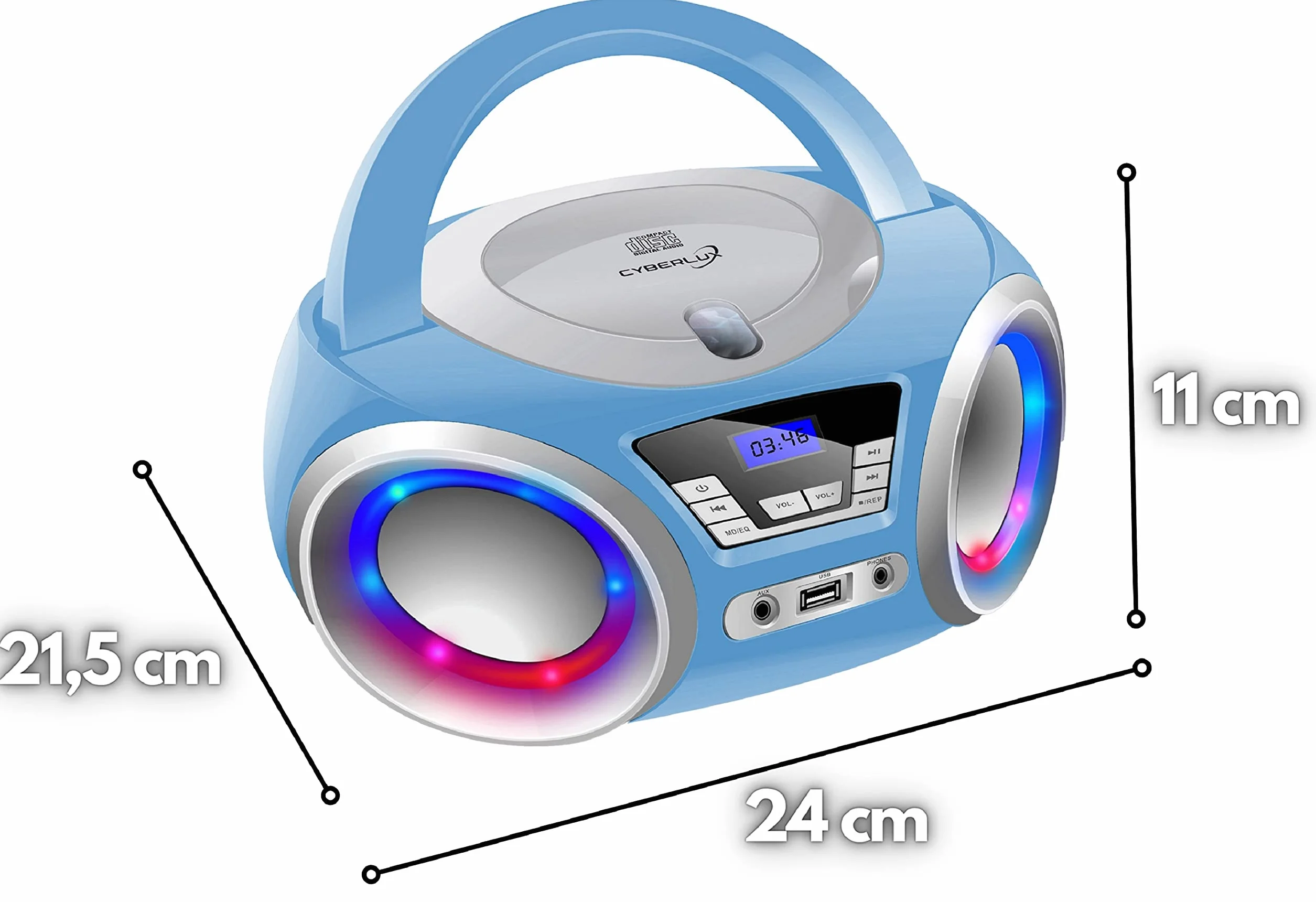 Reproductor de CD con iluminación LED | Toma para Auriculares | Radio estéreo portátil | Radio Infantil | estéreo | USB | Reproductor de CD/MP3 | Radio FM | Conector para Auriculares | Entrada AUX