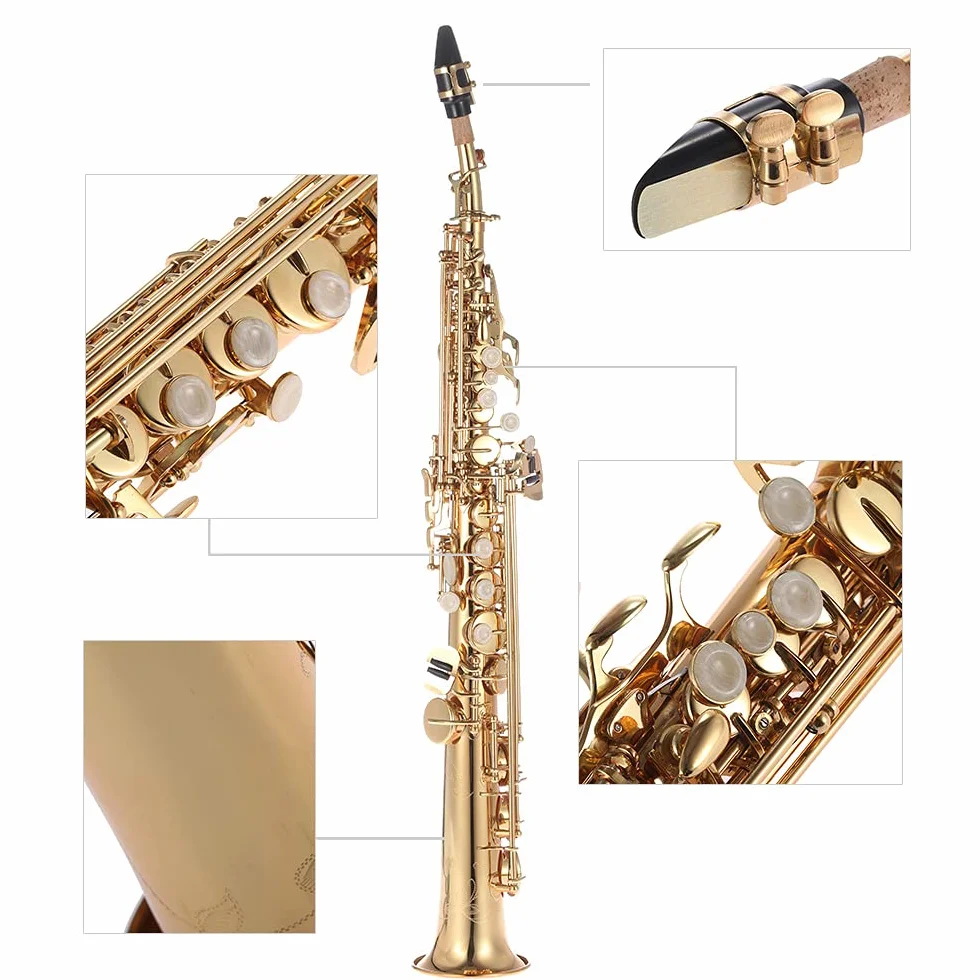 Btuty Saxofón soprano recto de latón Bb B Flat Natural Shell Key Carve Pattern con bolsa de transporte, guantes, paño de limpieza, correa, varilla de limpieza