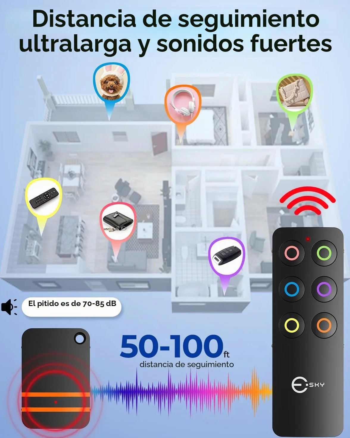 Esky Localizador de Llaves, Buscador de Llaves ES-KF02 Localizador Inalámbrico de Llaves con Base de Soporte y LED Control Remoto 1 Radio Frecuencia Transmisor 4 Receptores-Negro