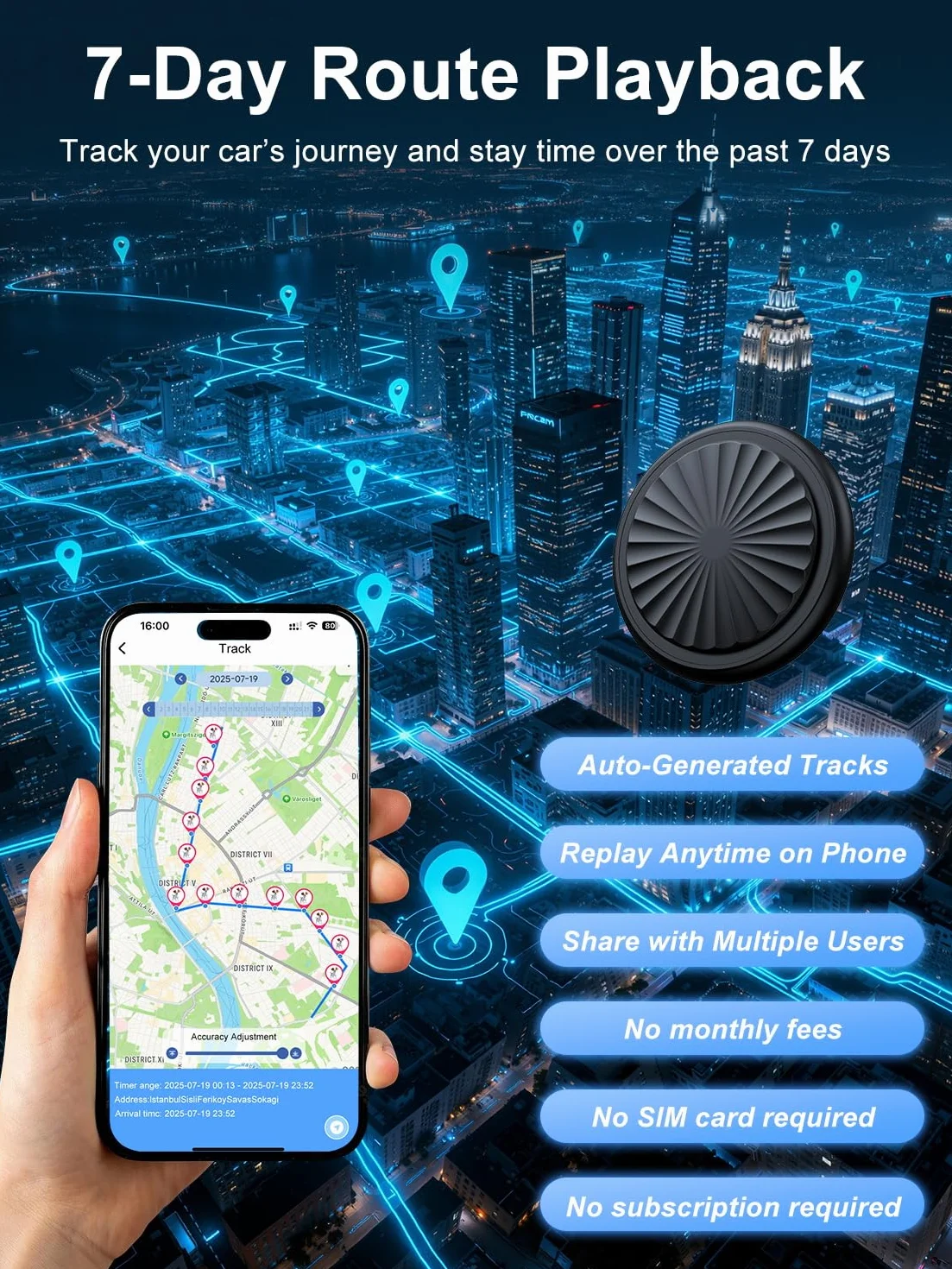 GPS Coche Localizador Sin Suscripción,Rastreador GPS para Coche Compatible con iOS e Android,Impermeable IP67,Reproducción de Ruta de 7 Días,Autonomía de 365 Días,Adecuado para Coches/Mascotas/Llaves