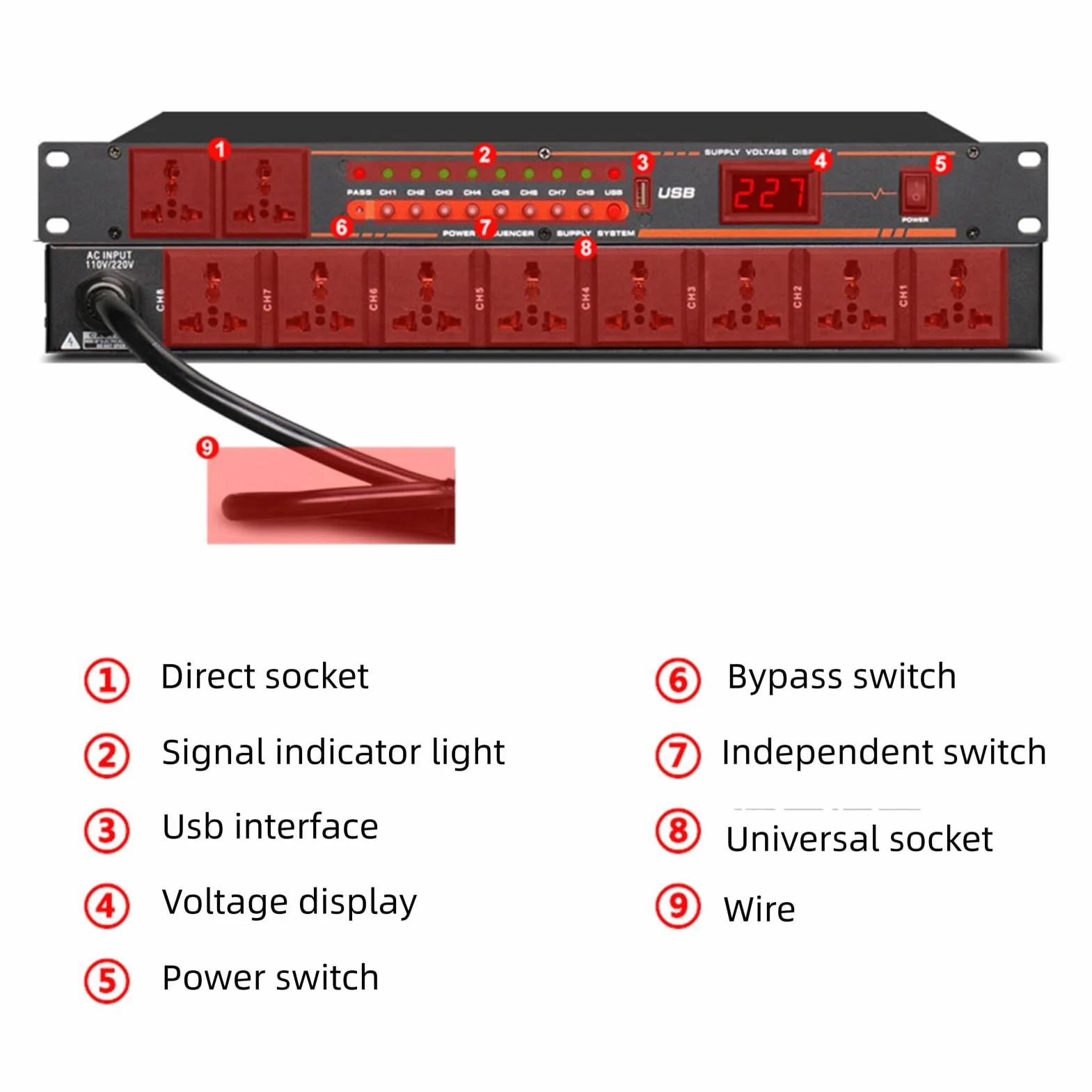 Sxhlseller Acondicionador de Energía de 10 Enchufes, Secuenciador de Energía con Pantalla de Alta Definición, Puerto USB con Interruptor Independiente para Escenario, Estudio, Cine en Casa (EU)