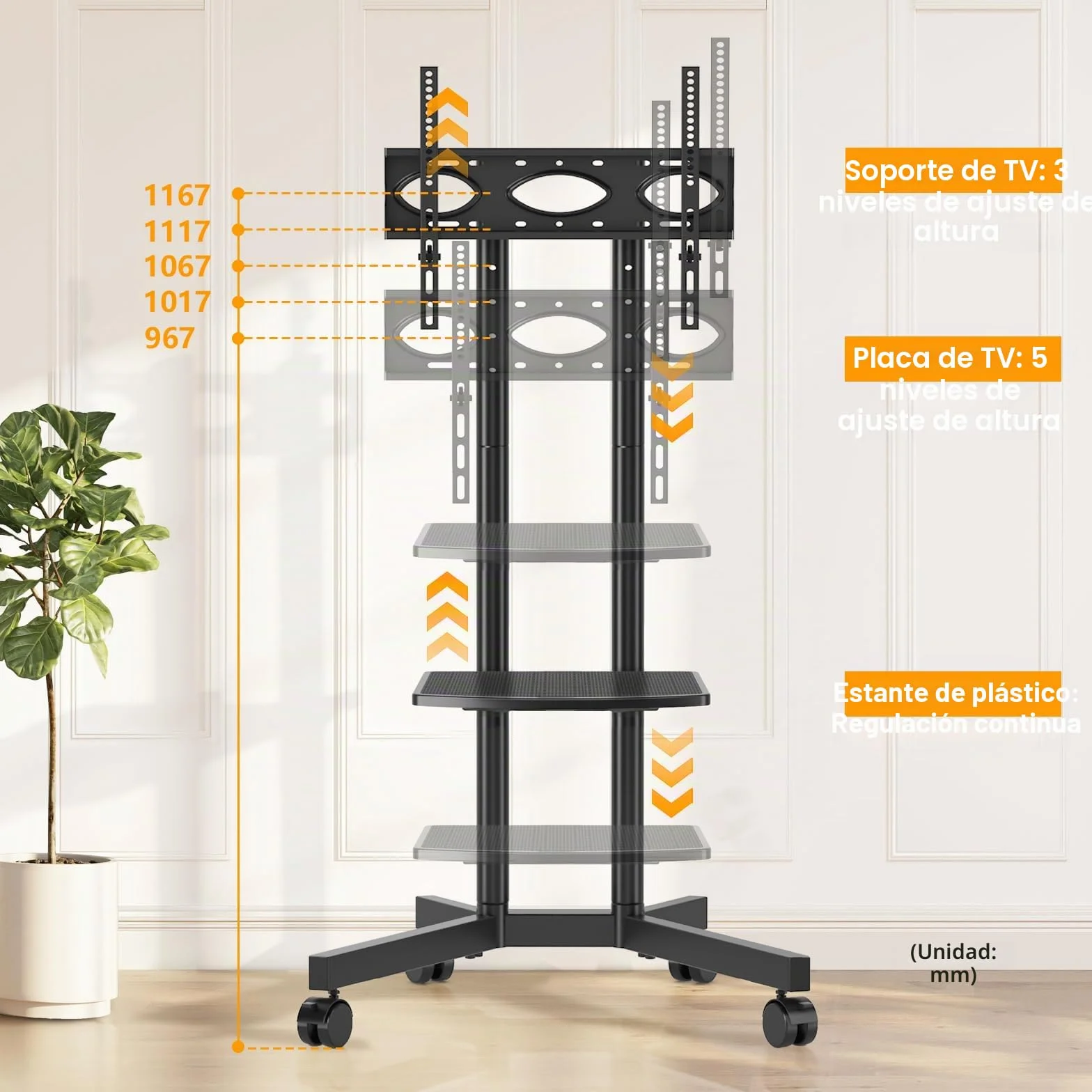 Soporte TV Pie Ruedas para Televisiones de 32-75 Pulgadas Plasma/LCD/LED, Altura Ajustable, VESA 400x400mm, 40 kg