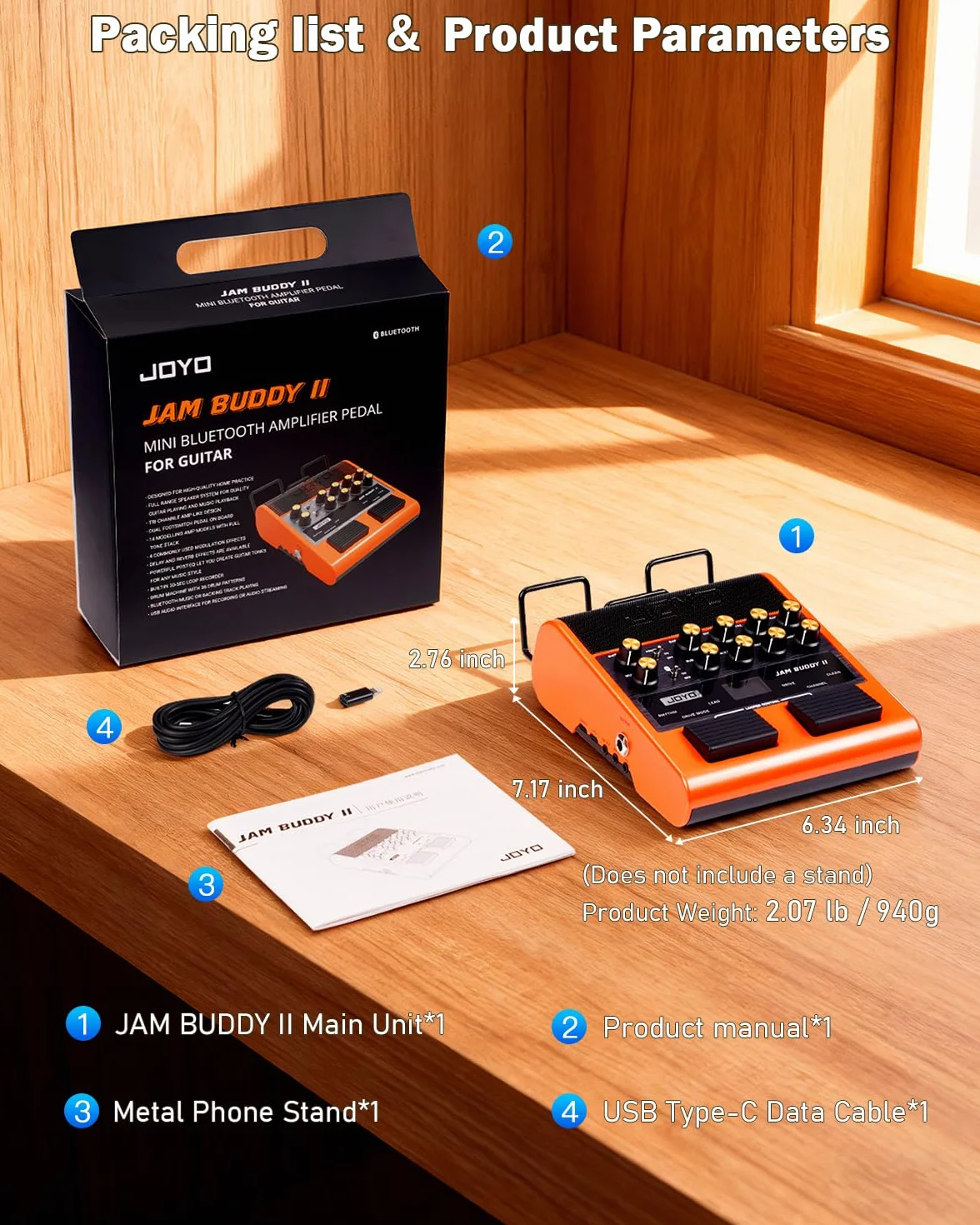 JOYO - Amplificador de entrenamiento de guitarra portátil de 10 W con pedal multiefecto, grabación OTG, Bluetooth, 14 modelos de amplificador, ecualizador de 3 bandas, 36 ritmos y Looper (Jam Buddy II