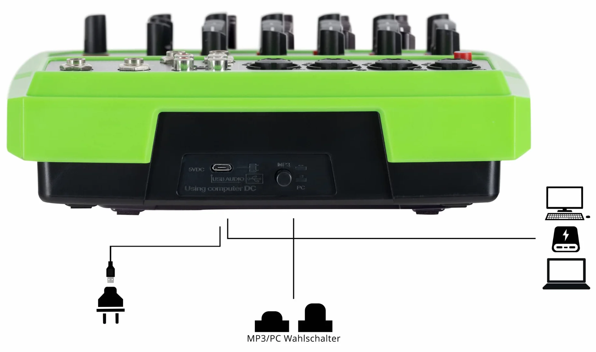 Pronomic Mini6 Mesa de Mezclas USB - Mezclador de 6 Canales - 4 Canales con Entradas Combo - Entrada Estéreo - Reproductor/Grabador Multimedia con Bluetooth - Interfaz de Audio - Verde
