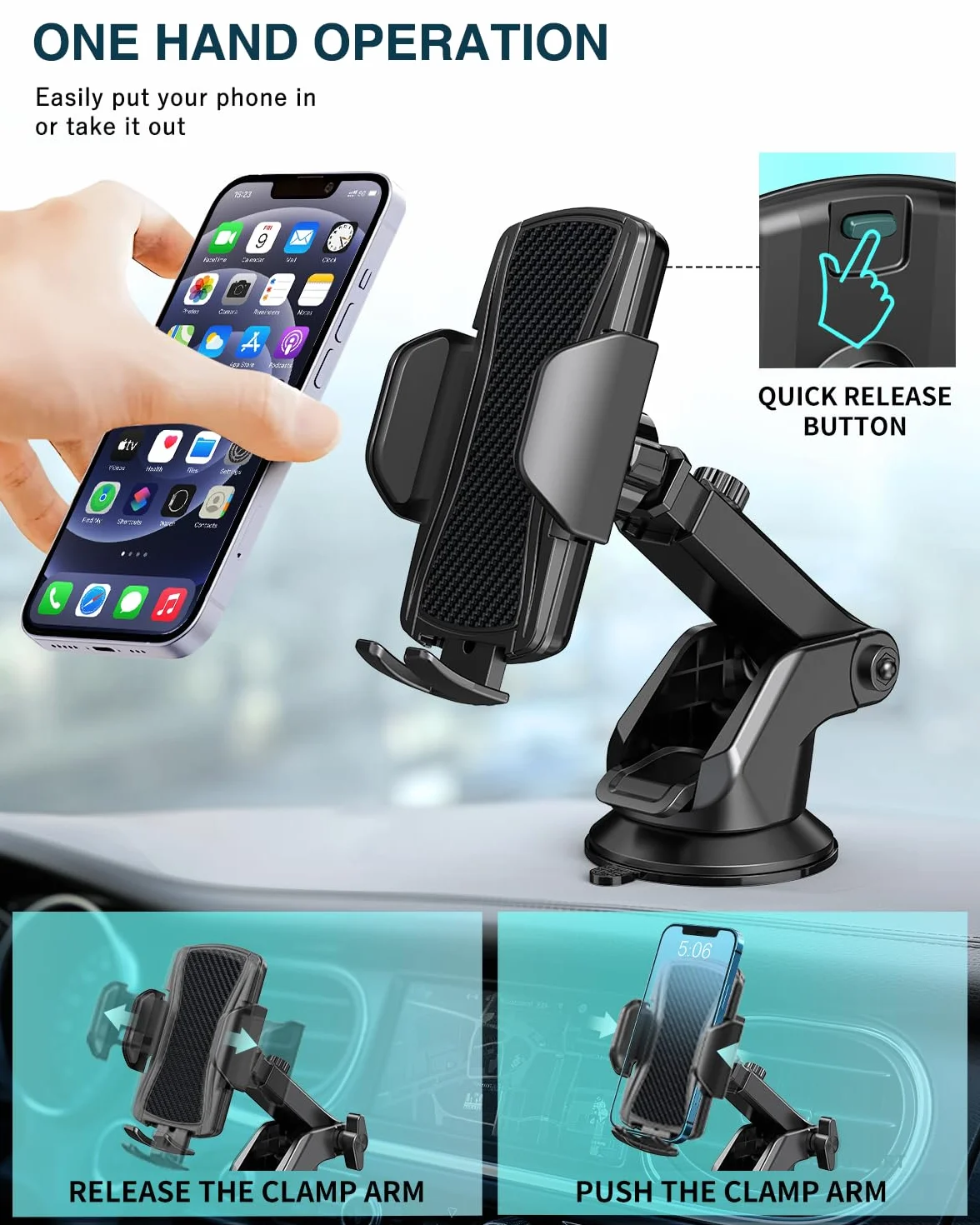 Hoppac Soporte Móvil Coche, Rotación 360° y Liberación Botón, Porta Móvil Teléfono 4-7 in
