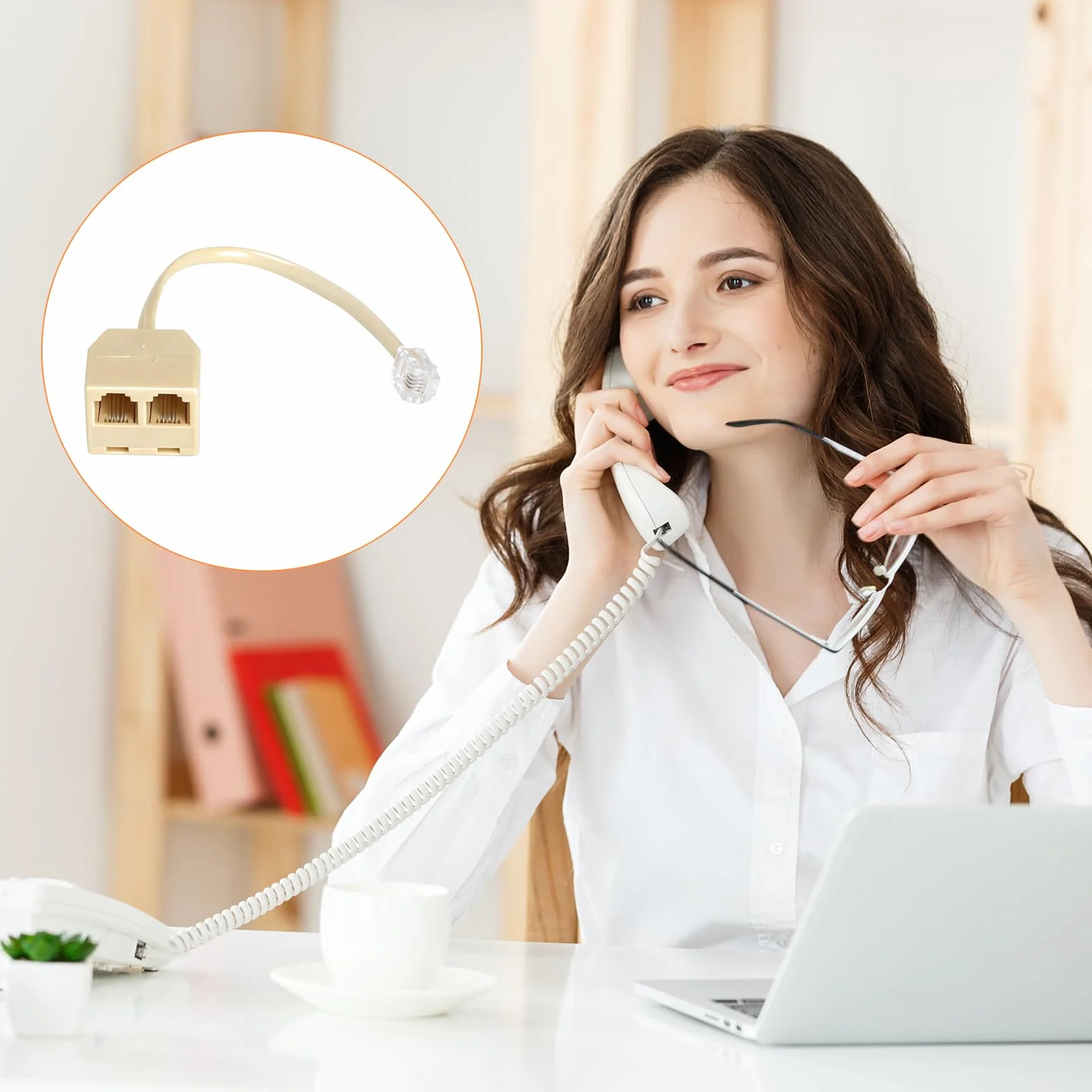 HENGBIRD 2 Piezas Divisor RJ11 para Teléfono Fijo, Adaptador de Teléfono a RJ11 6P4C, 1 Macho a 2 Hembra, Divisor Telefónico Fijo RJ11 para Cable Teléfono Fijo, Fax y Teléfono, Beige