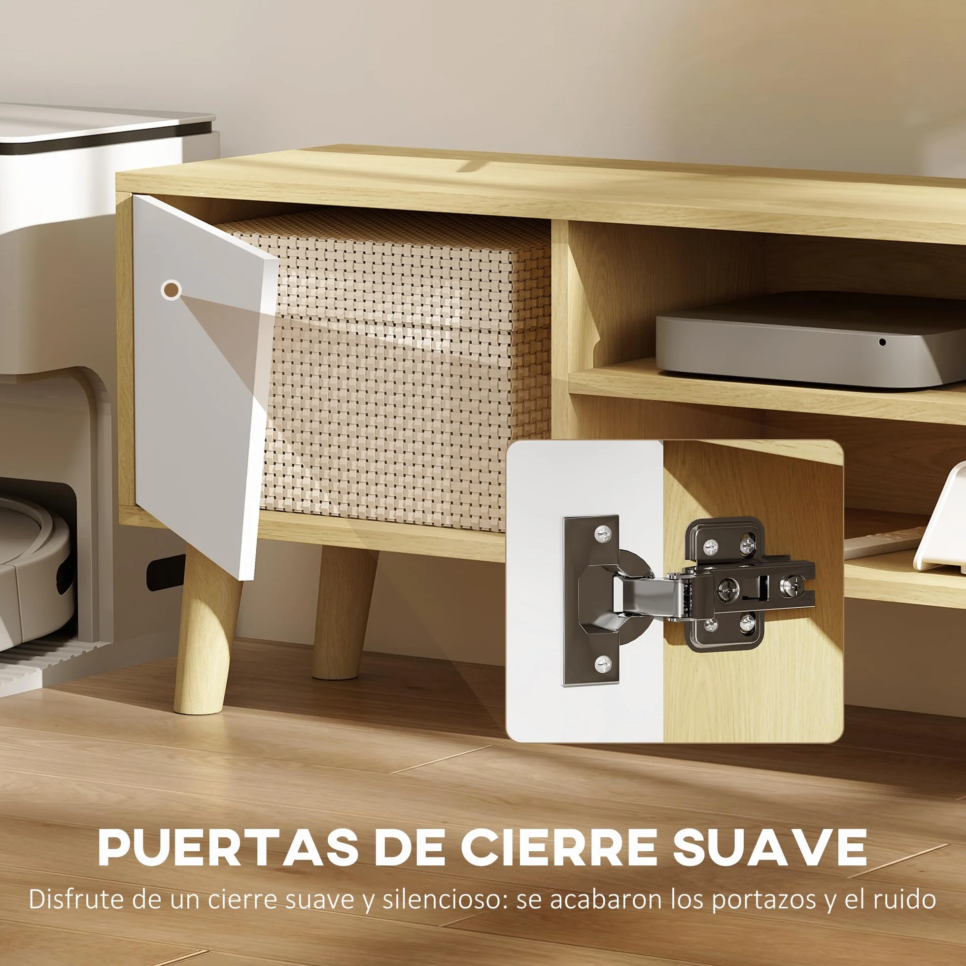 HOMCOM Mueble TV Mueble de Salón Mesa para TV con 2 Puertas 2 Estantes y 5 Patas de Madera para Televisores de hasta 65 Pulgadas, Montaje en suelo, 150x30x42 cm Roble