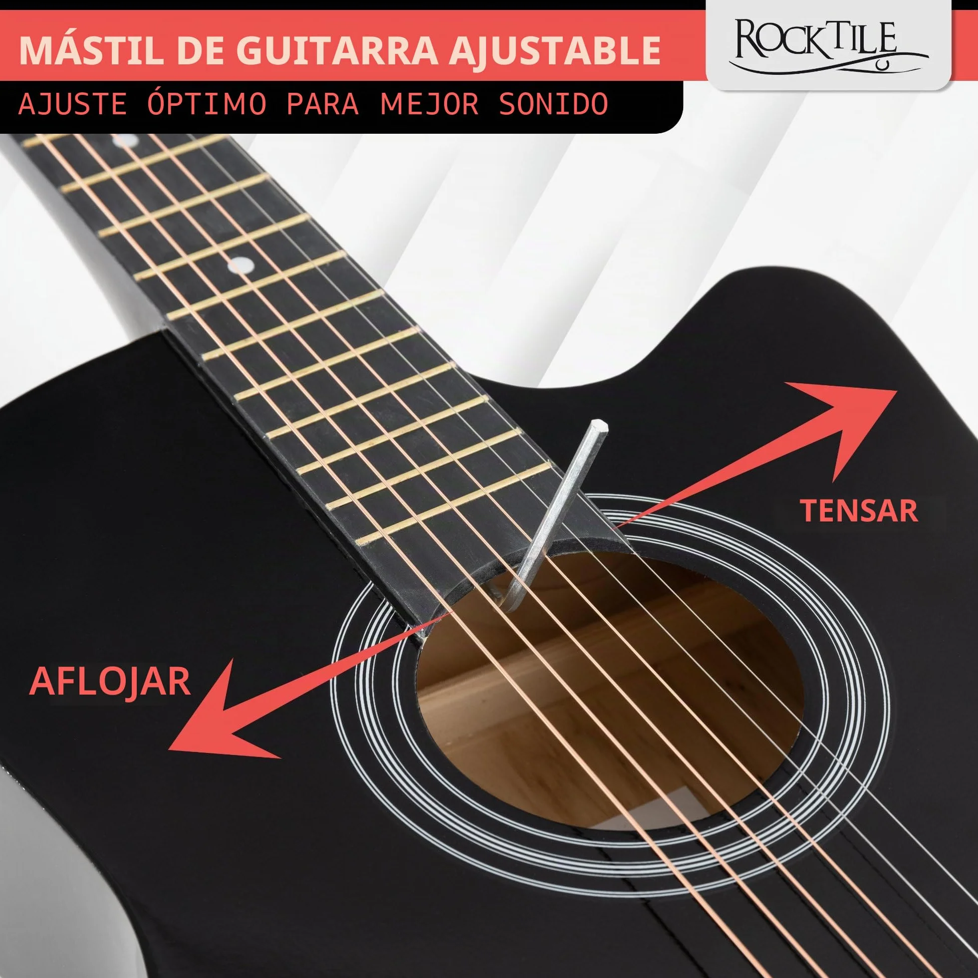 Rocktile WSD-5C-BK Slim Line Set De Guitarras Western - Guitarra Acústica Dreadnought - Cuerpo De Tilo - Mástil: Catalpa - Set Incluye Funda, Cuerdas De Repuesto, Correa Y Púas - Negro