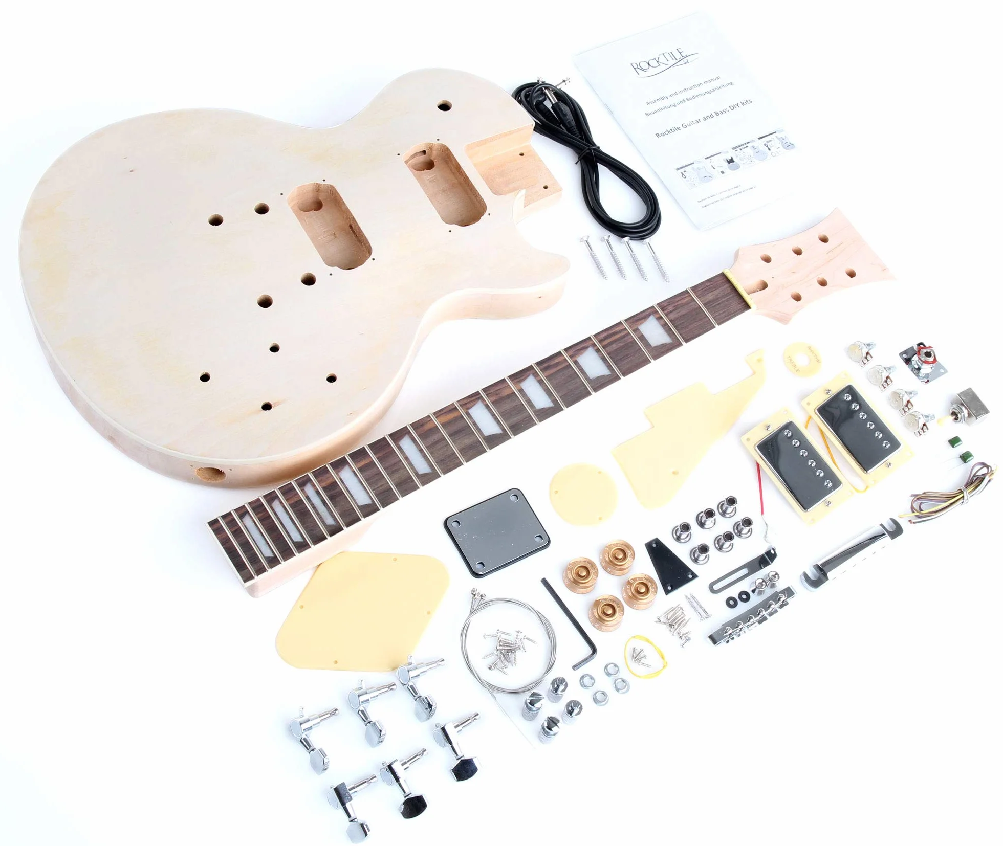 Rocktile Kit Guitarra Eléctrica Single Cut - DIY cuerpo caoba con tapa álamo, 2x humbuckers, diapasón palisandro, mástil atornillado