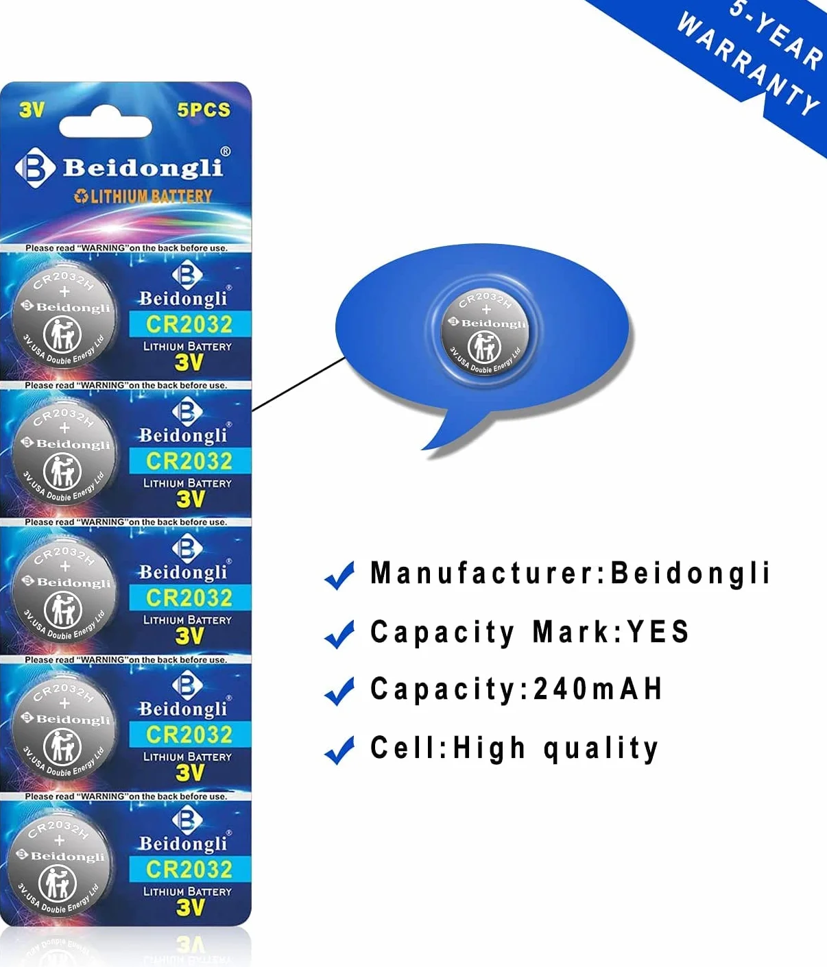 CR2032 Pilas de Botón 3V Litio CR 2032 Lithium Battery,20 Piezas【5 Años de Garantía】 (2032-20p)