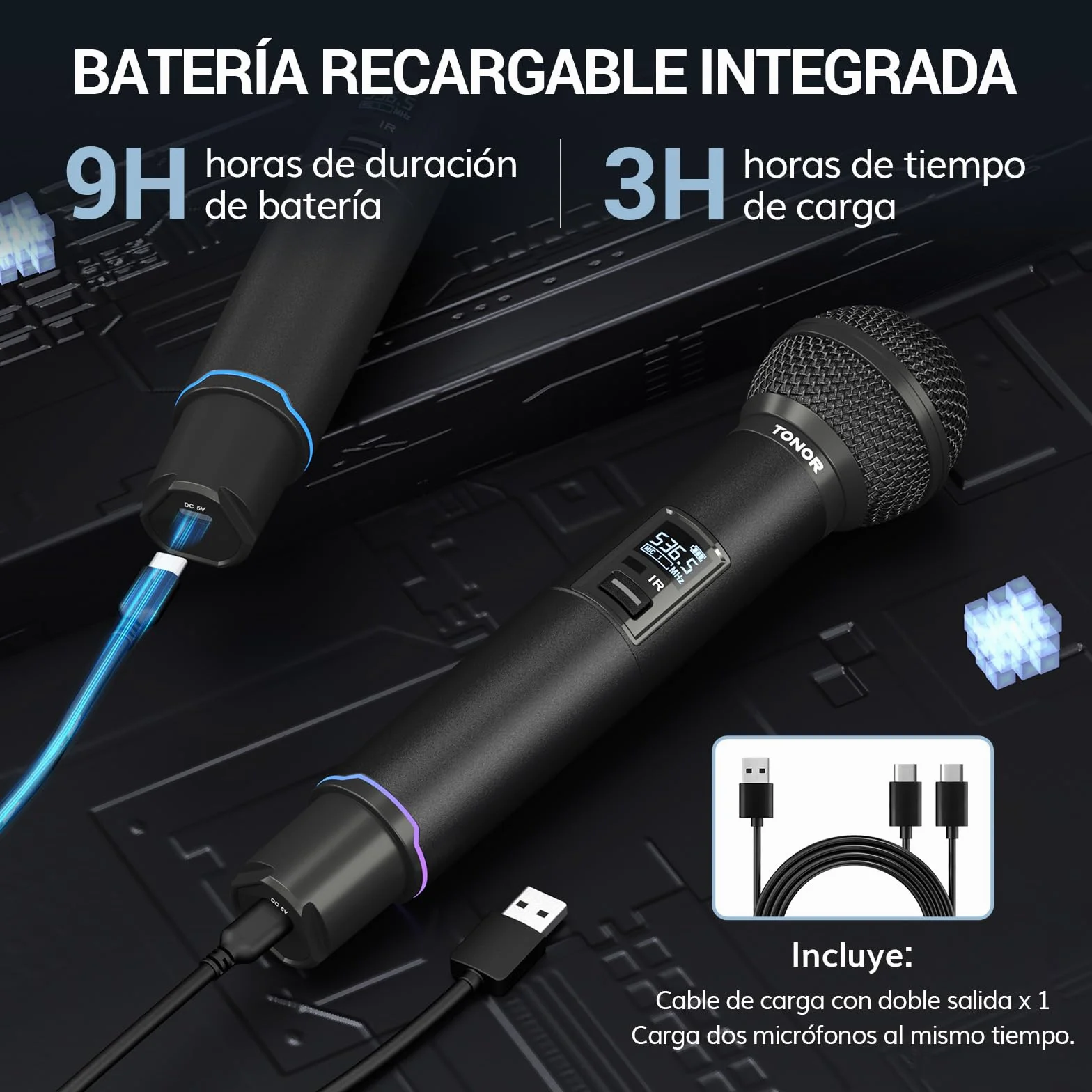 TONOR Micrófono Inalámbrico Profesional, Recargable Wireless Microphone Dinámico de Mano, Sistema de 2×100 Frecuencias UHF Ajustable para Karaoke/Fiestas/DJ/Iglesias, Escaneo Automático, 100M, TW750