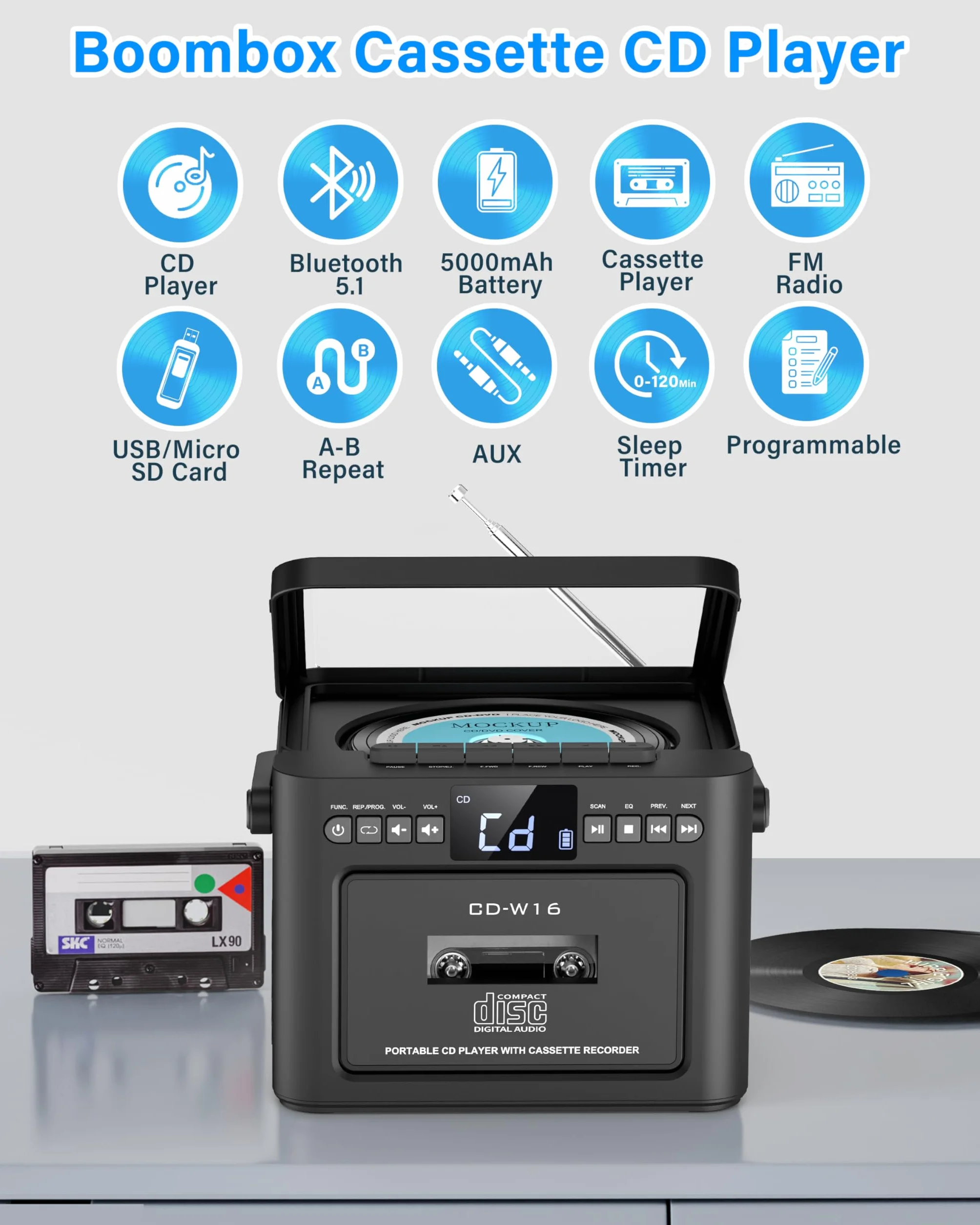 Greadio Reproductor de CD portátil para el hogar, reproductor de casete Boombox recargable, reproductor de CD de radio FM con Bluetooth, batería de 5000 mAh, control remoto, USB, AUX, tarjeta TF/SD,