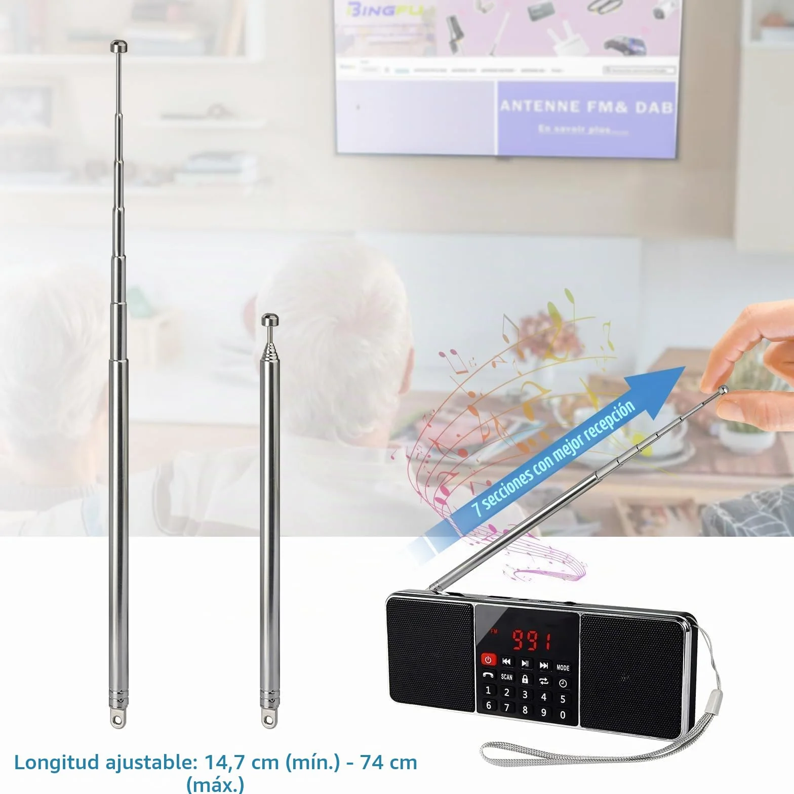 Bingfu Antena Radio FM DAB Telescópica Interior 74cm 7 Secciones 2 Kit Compatible Yamaha Sherwood Pioneer Denon