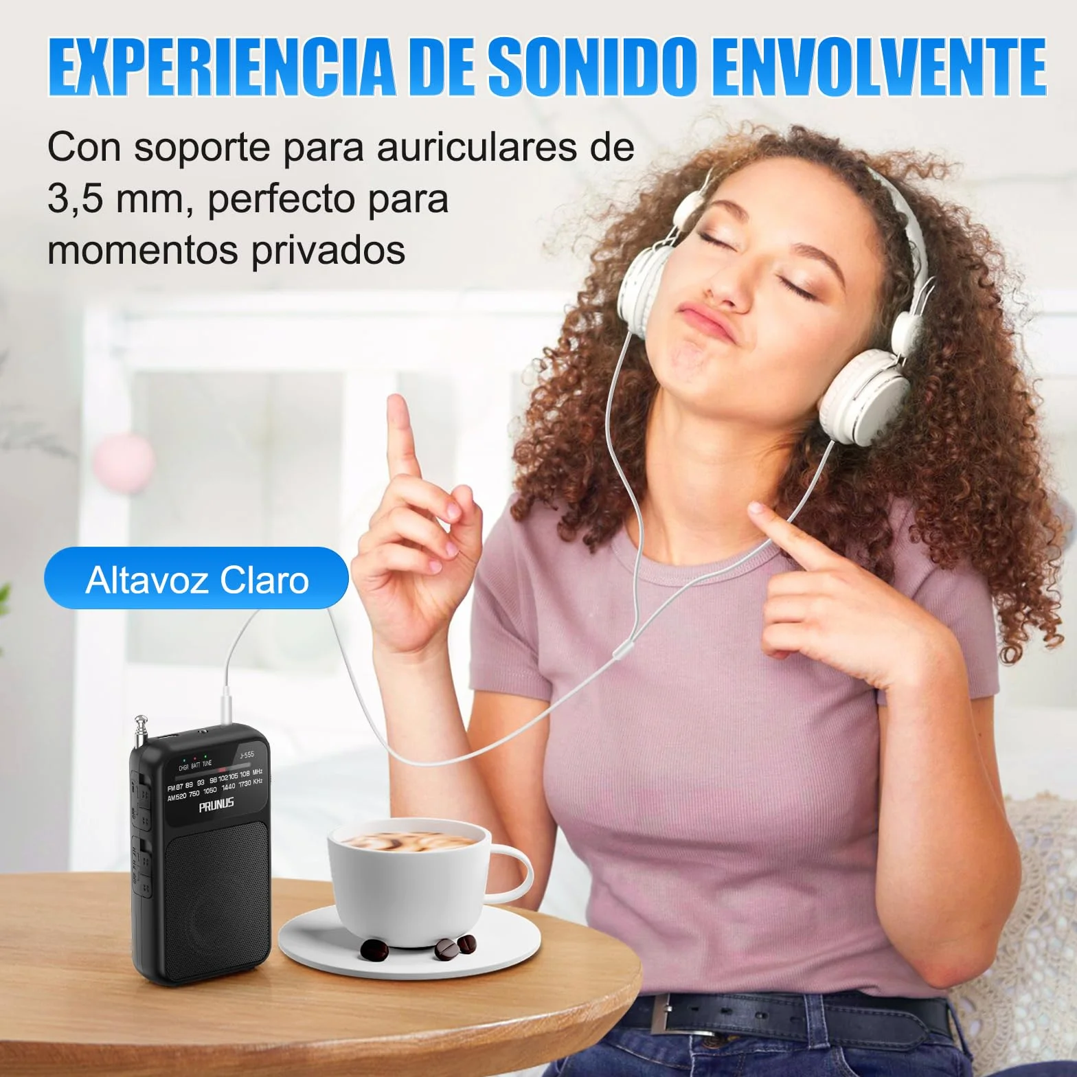 PRUNUS J-555 Am/FM Radio Portatil Pequeña Recargable, Radios Pequeña Pilas, con Toma de Auriculares, Carga USB-C, Transistor Radio de Bolsillo con Clip y cordón para Correr, Acampar. (Negro)