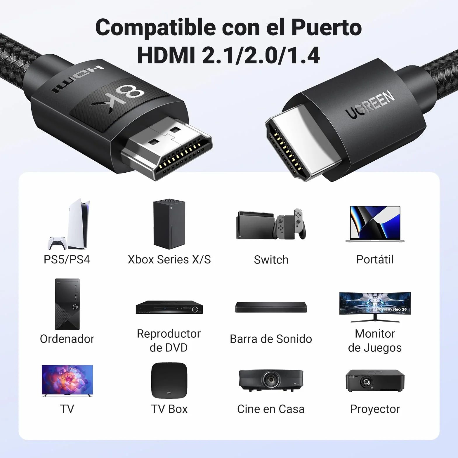 UGREEN Cable HDMI 2.1 Certificado 10K 8K 60Hz 4K 120Hz 48Gbps UHD eARC HDR Dinámico Dolby Vision 3D HDCP 2.3 2M