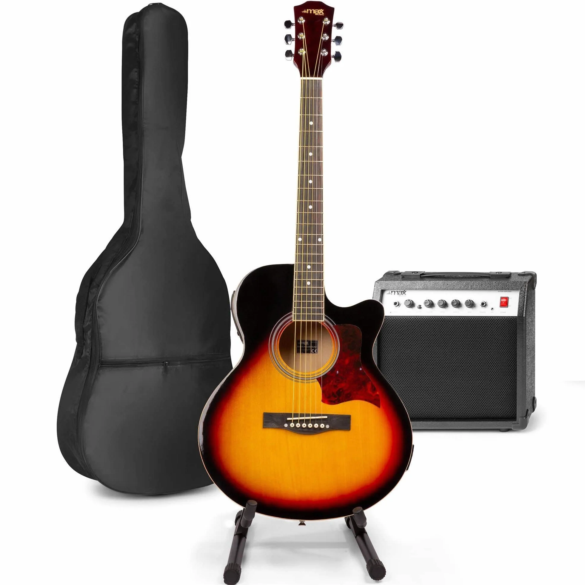 MAX Set Guitarra Electroacústica Color Sunburst con Amplificador 40W, Soporte, Funda, Cuerdas, Afinador, Correa y Púas – Pack Completo para Aprender, Ensayar o Tocar en Escenarios con Estilo