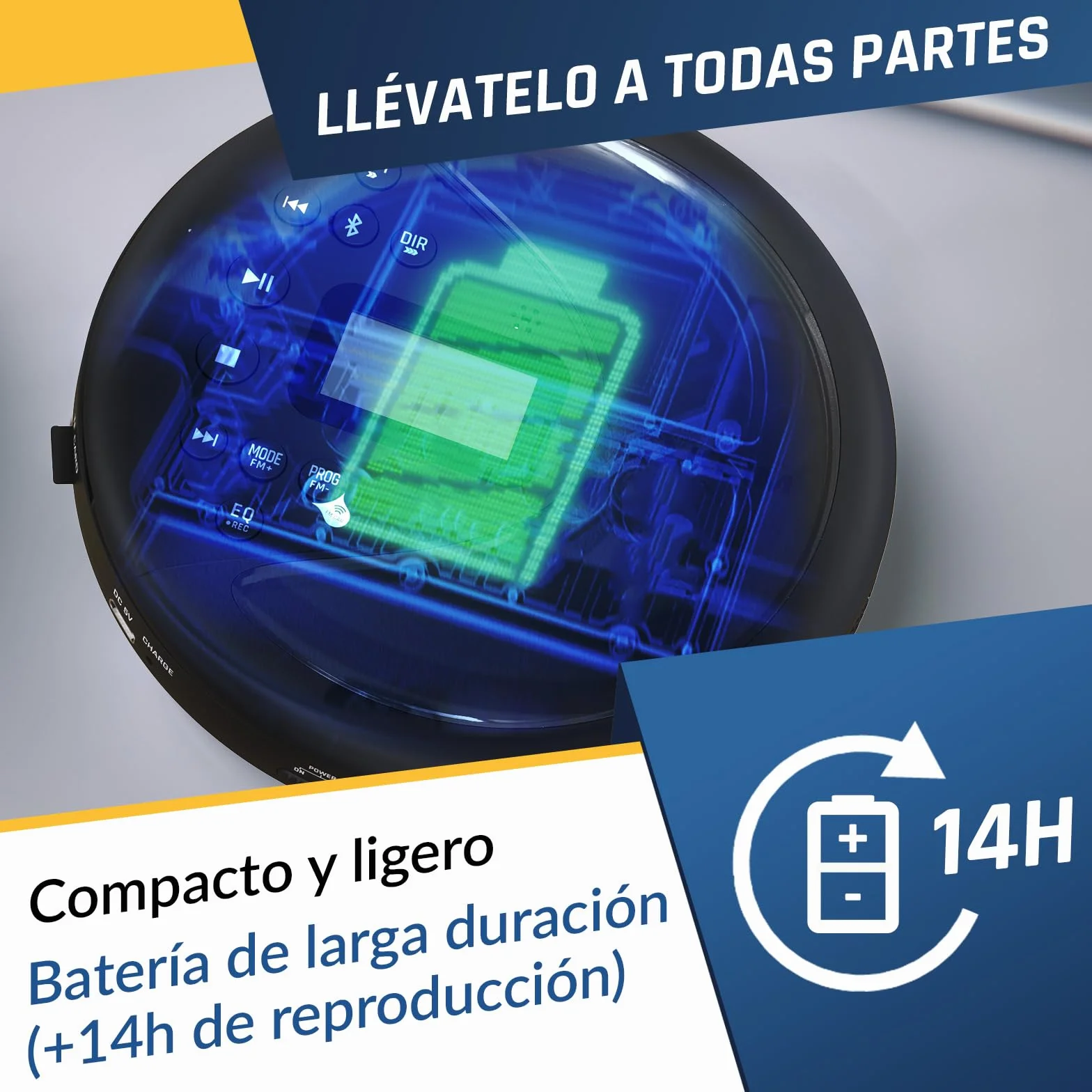 Klim Discover Reproductor de CD Portátil con Radio FM, Bluetooth, MP3 y Auriculares