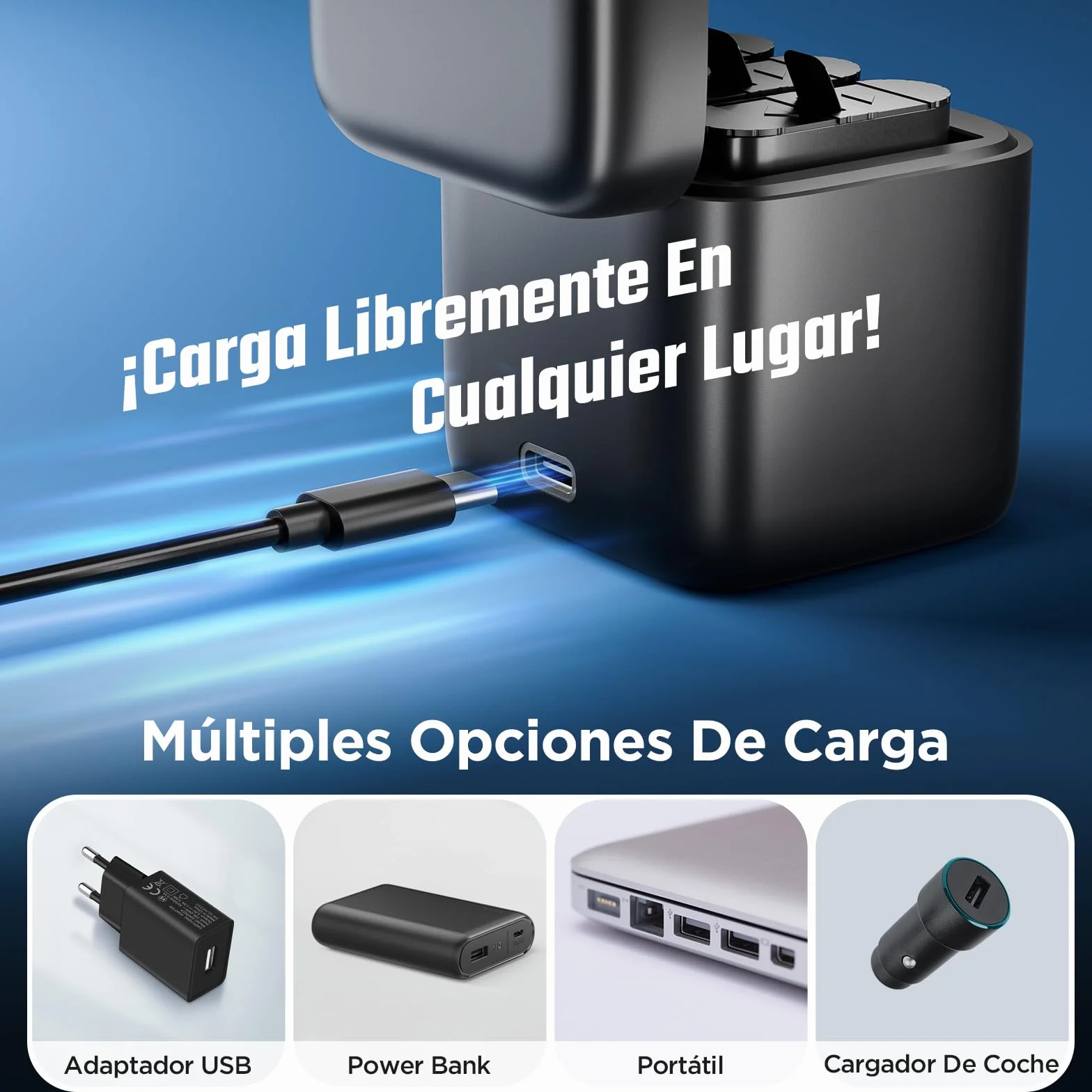Jeebel Cargador de Batería para GoPro Hero 13 Black — 3-Canales Cargador con Carga Rápida y Cable USB-C — Cargador Compacto Compatible con Batería Original de GoPro Hero 13 Black (Sin Batería)