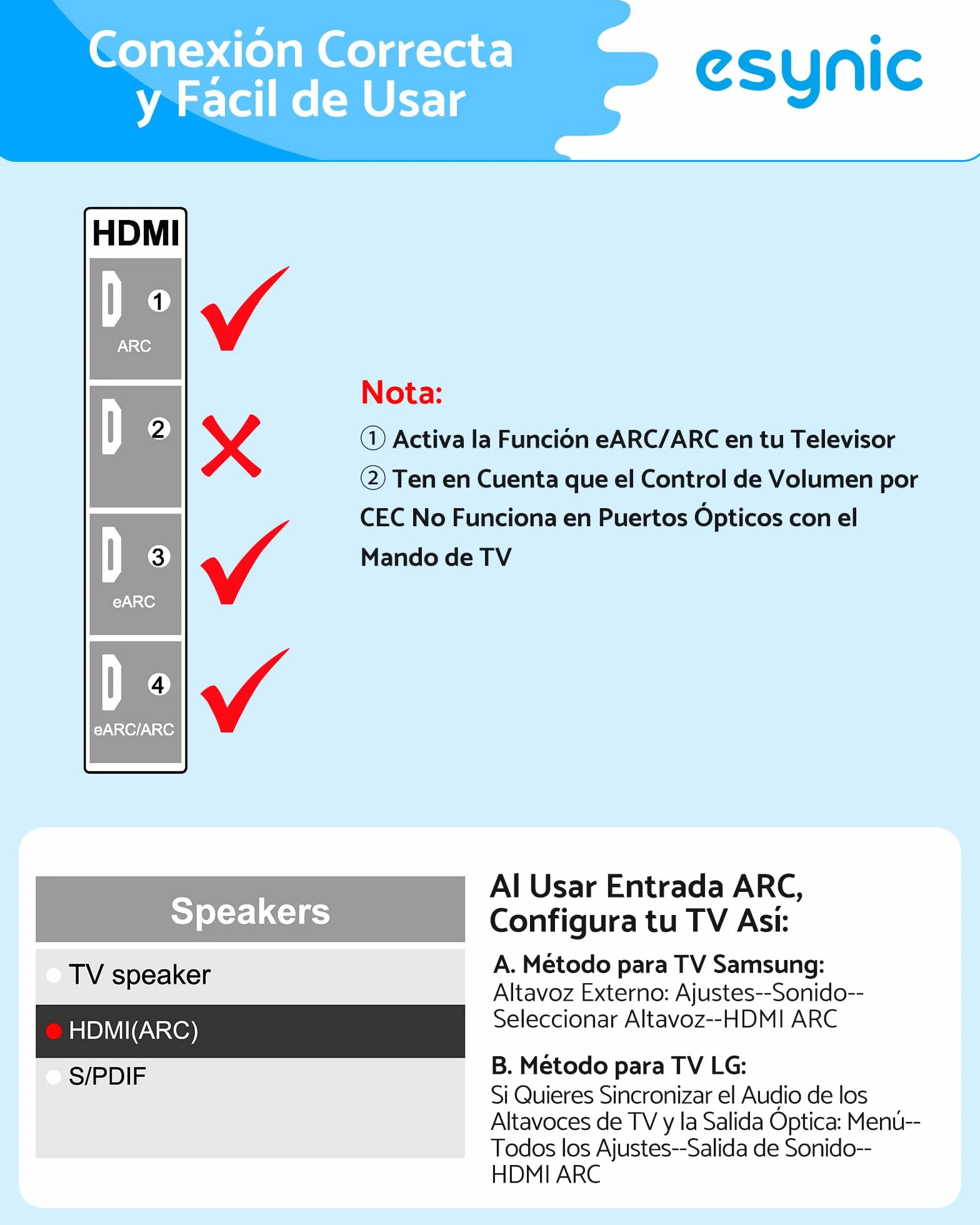 eSynic Extractor de Audio eARC ARC Adaptador HDMI ARC a Jack 3.5mm Convertidor de Audio PCM Estéreo para TV Compatible con Auriculares con Cable Altavoces Activos y Sistemas de Sonido 3.5mm