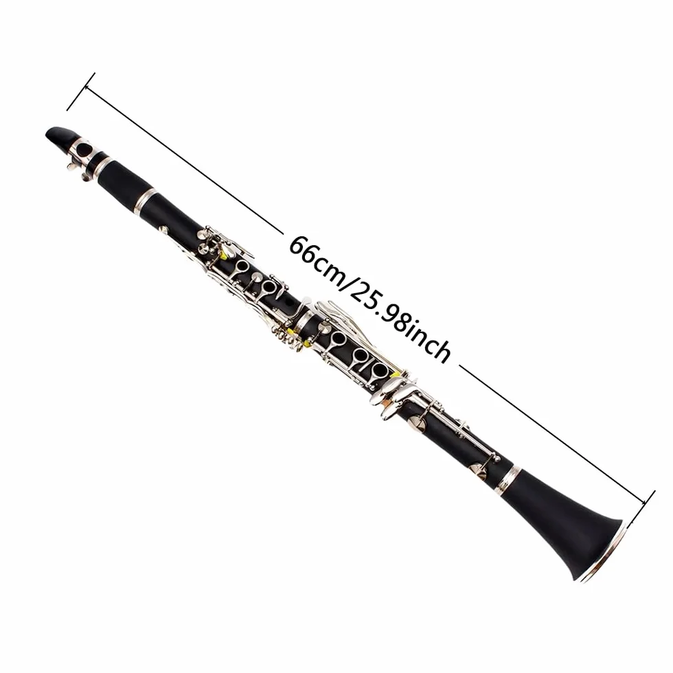 Clarinete Bb para estudiante Madera de Ebonita B Flat 17 teclas Niquelado Clarinete Principiante Set 2 Barriles con Guantes de Paño de Limpieza Instrumento