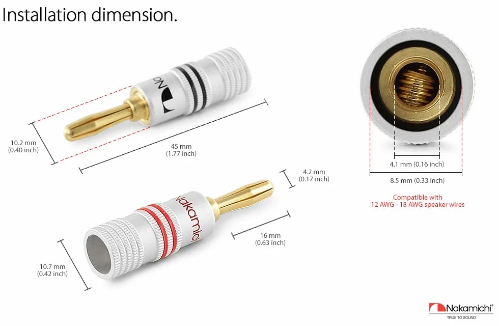 Nakamichi Enchufe de banana chapado en oro 24K 12-18 AWG 4 mm para Altavoces Amplificador Hi-Fi, 4 piezas (2 pares)