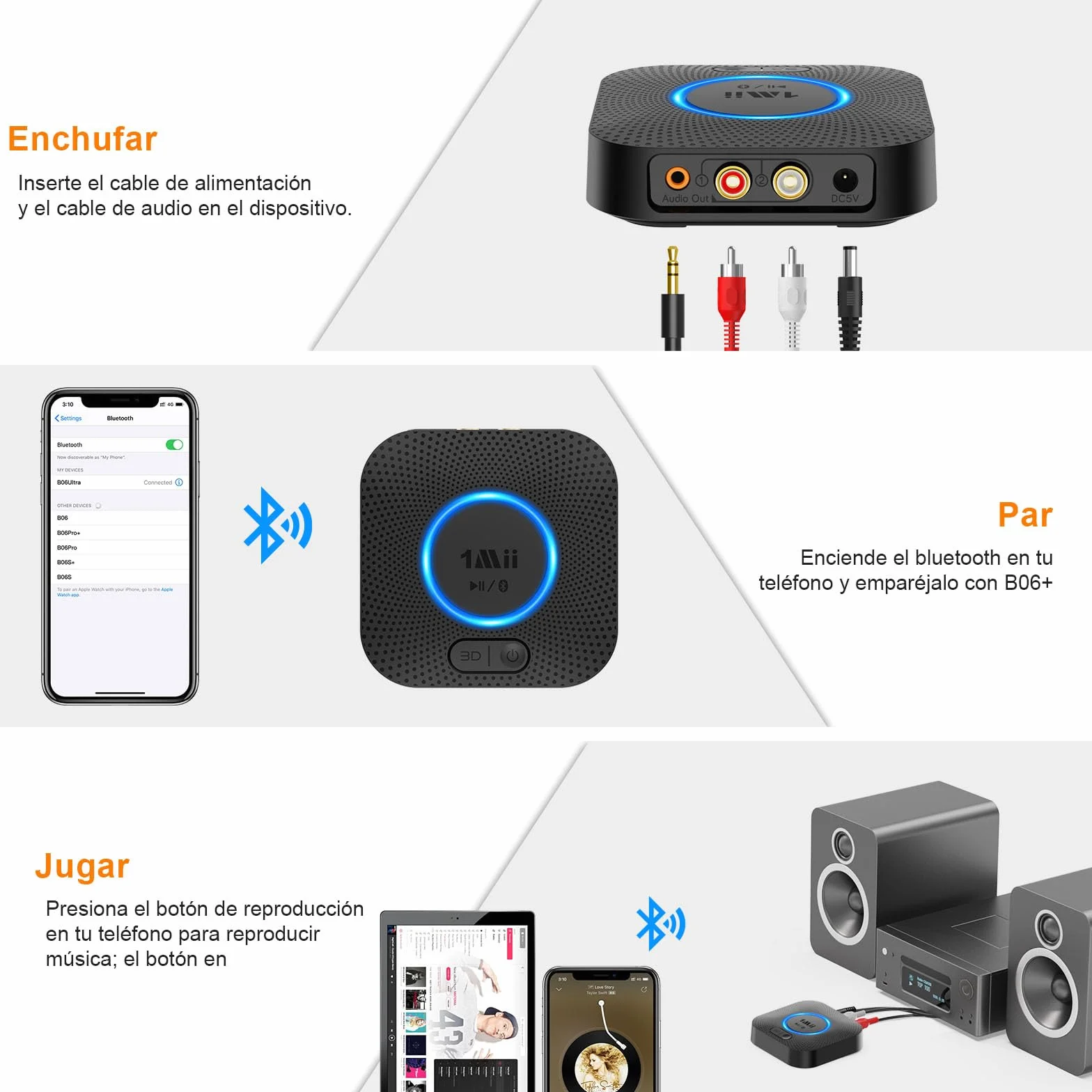 1Mii Bluetooth 5.3 Receptor Audio Adaptador Inalámbrico RCA/AUX 3.5mm Jack 3D Surround 50m