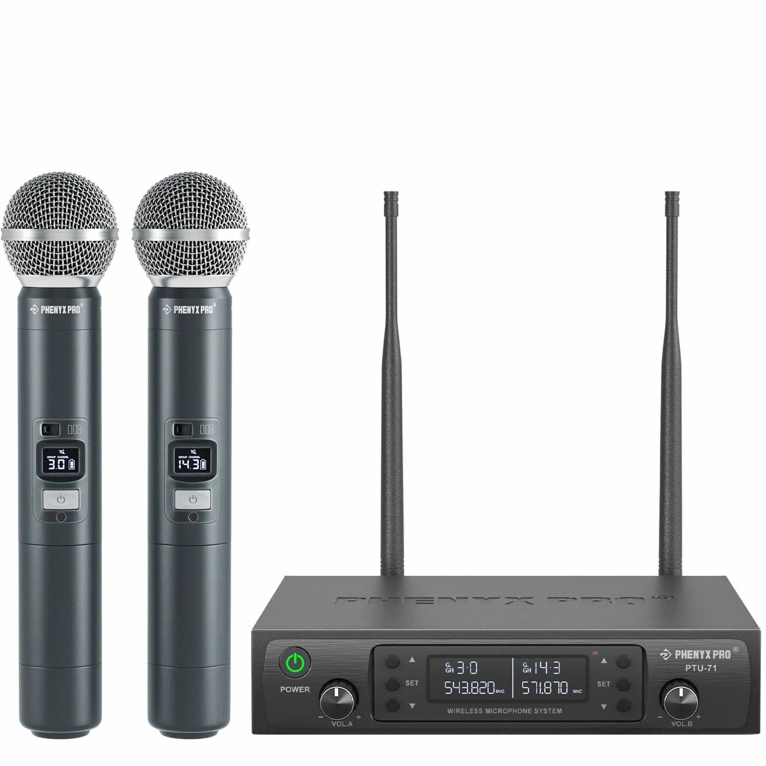 Phenyx Pro Sistema de micrófono inalámbrico profesional, w / 2 de mano, Exploración automática, 2x100 frecuencias UHF, 328 pies de alcance, micrófono dinámico para cantar, karaoke, Iglesia (PTU-71-2H)