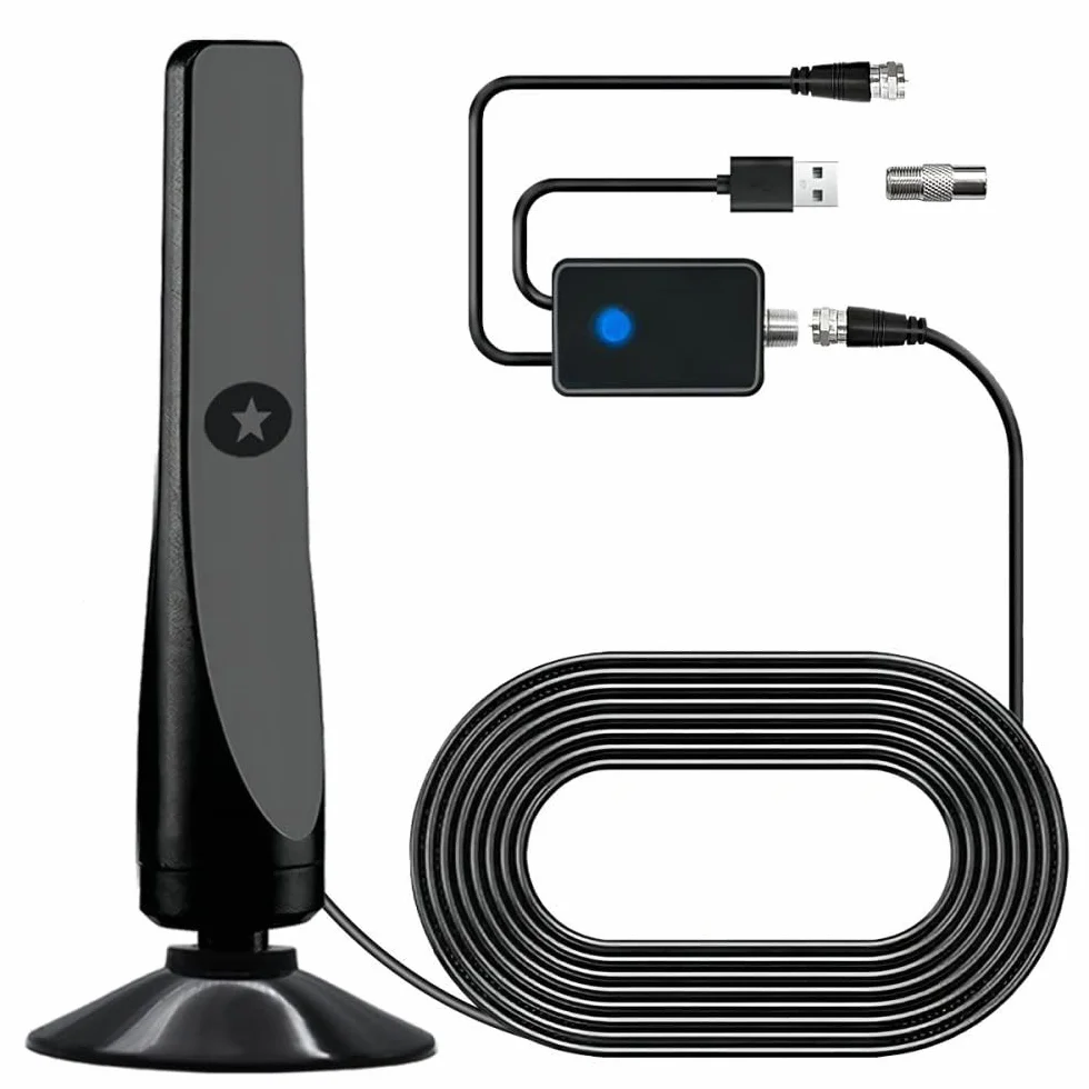 Antena de TV Digital HD para Interior, con Amplificador de Señal, Alcance de 80 km (50 Millas), Compatible con TDT 4K/1080P HDTV, Cable Coaxial de 3 m y Diseño Multidireccional