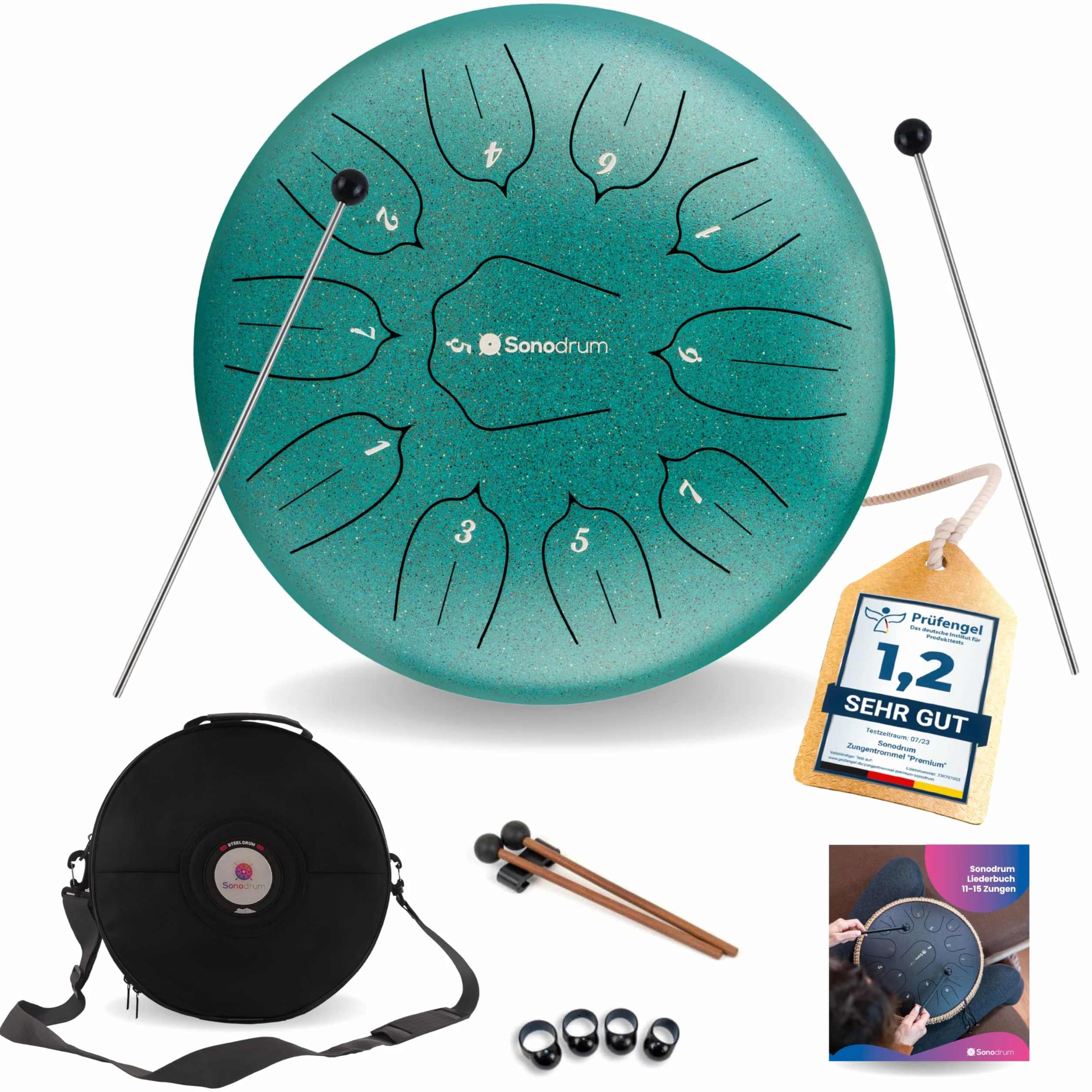 Tongue Drum “Standard Re mayor” en verde - diámetro 30 cm y 11 notas. Handpan con libro de música, bolsa y mallets. Instrumento de percusión Handpan para niños y adultos.