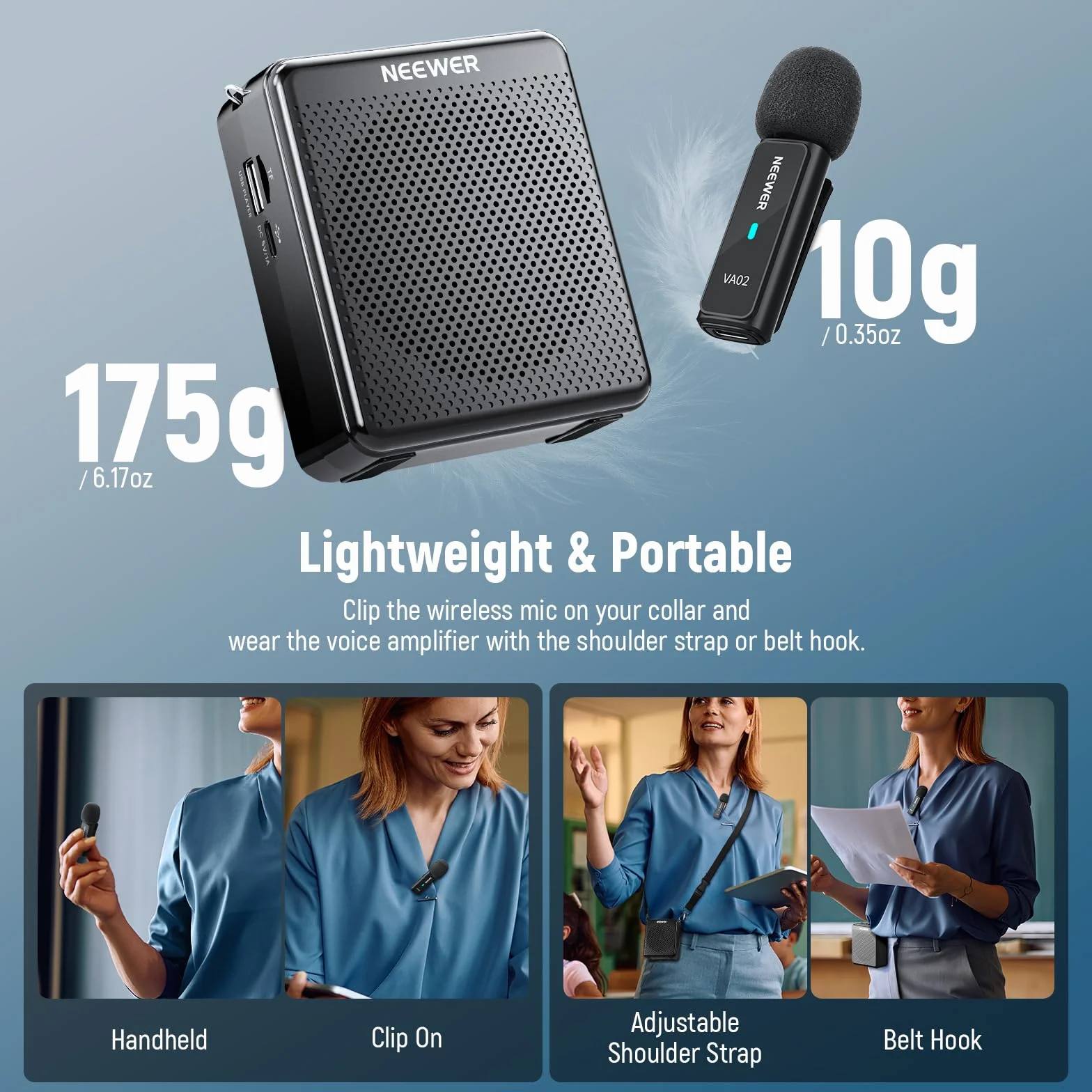 NEEWER VA02 Amplificador Voz con Micrófono Inalámbrico, Mini Altavoz Portátil Recargable USB C Cancelar Ruido Megáfono & Mic Set, 10 Hrs Duración, Alcance15m para Profesores Formadores Tour Guides