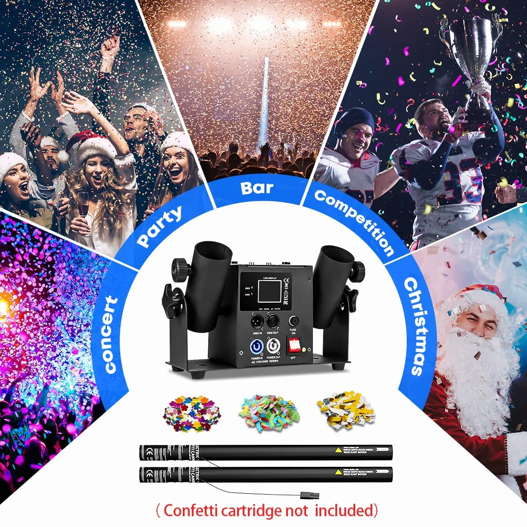 Máquina de confeti de 2 cabezales, máquina de soplador de confeti, lanzador de streamer de doble disparo, blaster eléctrico de confeti, control remoto DMX (2 unidades)