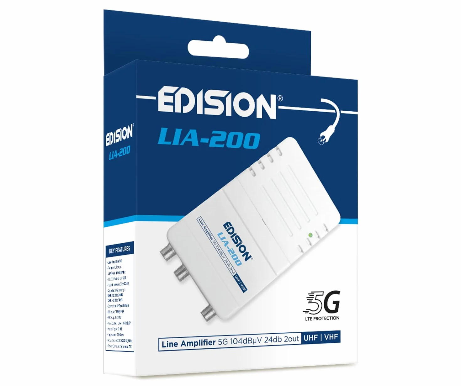 EDISION LIA-200 Amplificador Interior UHF/VHF 12-24dB Ajustable 104dBmV DVB-T/T2 con Filtro 5G LTE 1 Entrada 2 Salidas