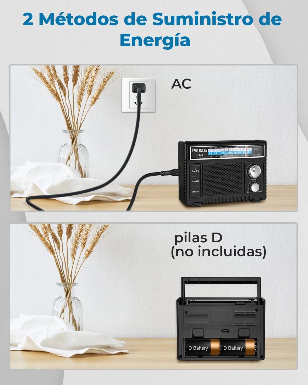 PRUNUS J-136 Radio FM AM Portátil Pilas CA con Toma AUX Micrófono
