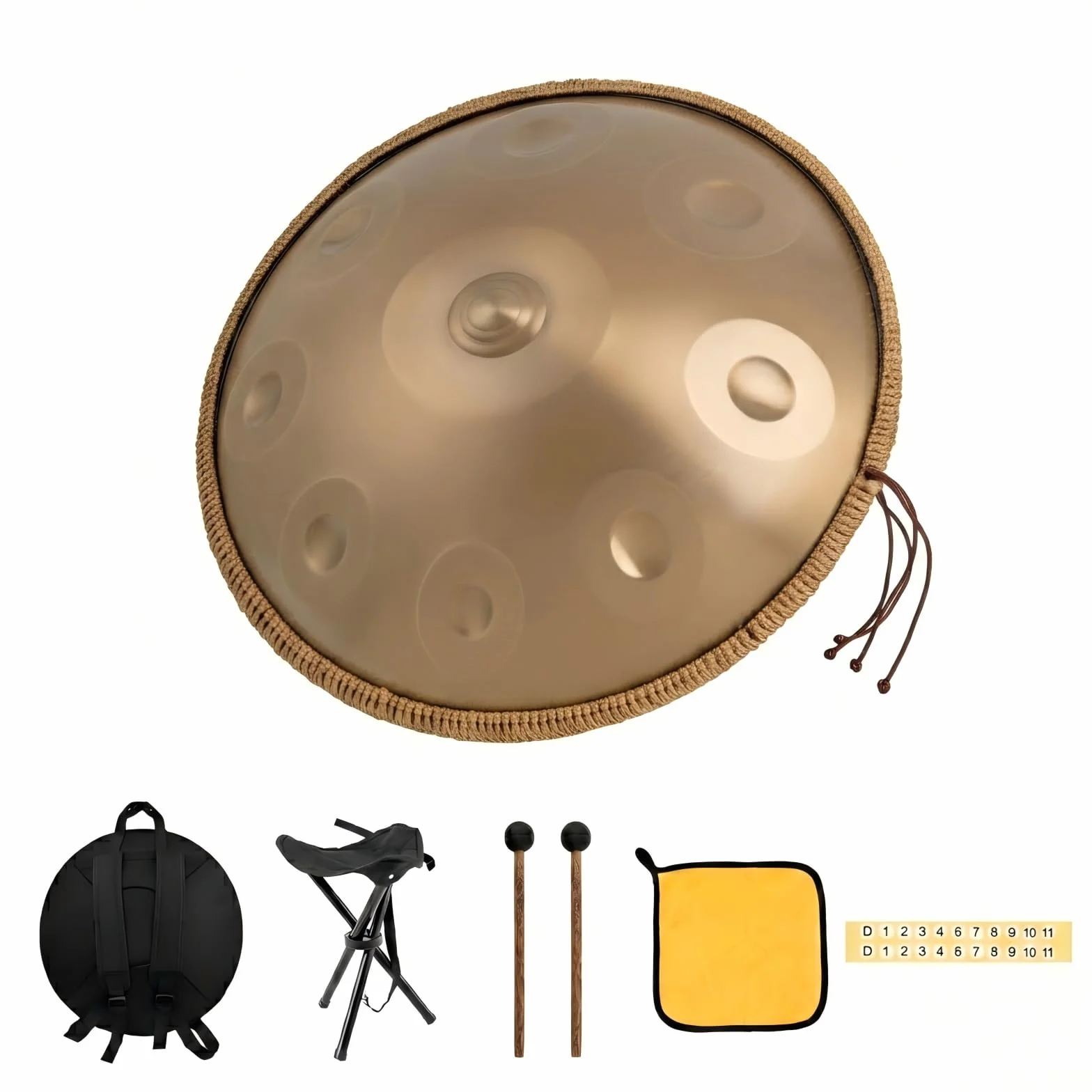 Handpan 22 pulgadas 9 Notas D-Kurd 440 Hz oro tambor set para meditación yoga sanación sonido acero aleación incluye funda, soporte, baqueta, paño de limpieza, pegatinas para partituras
