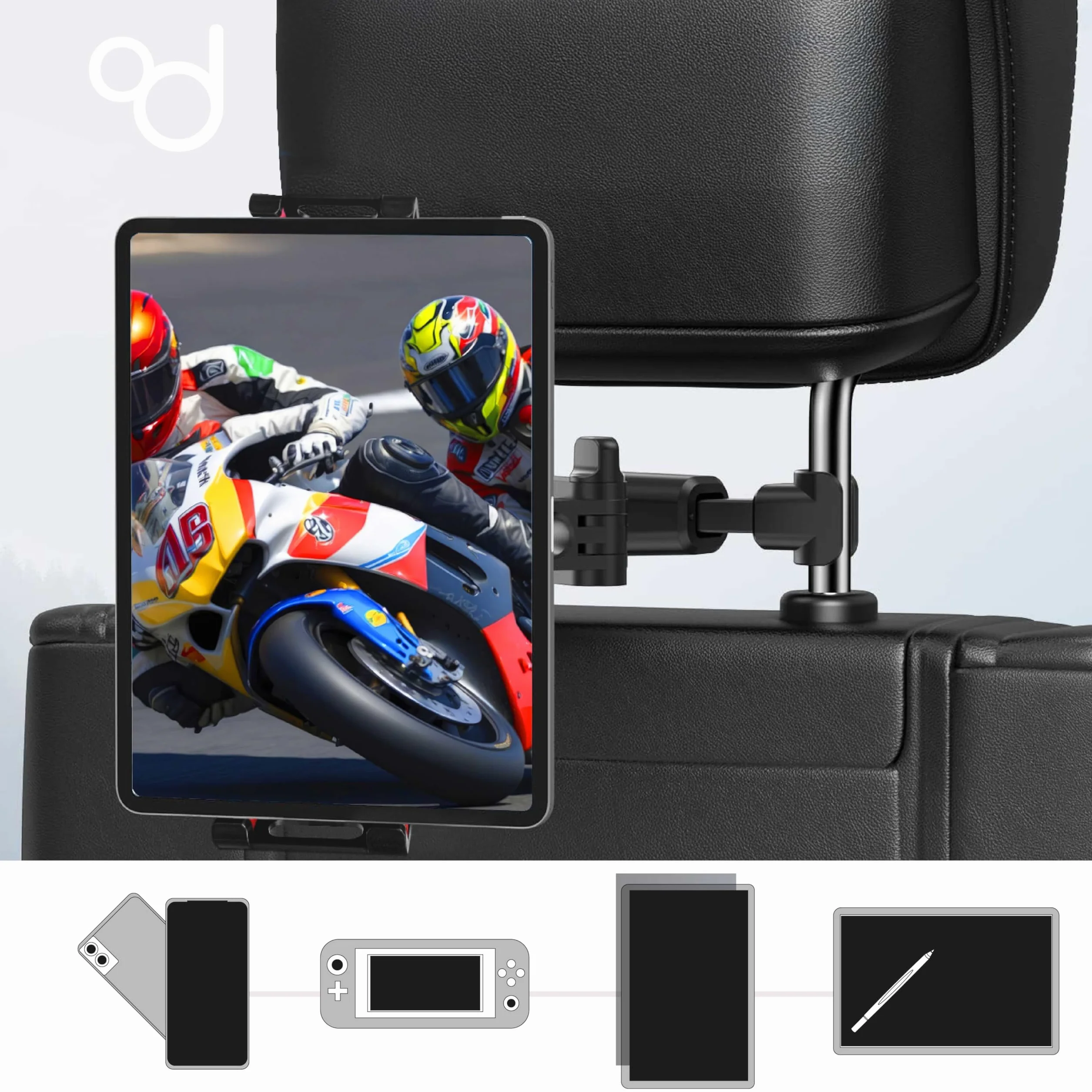 OcioDual Soporte Tablet Coche Reposacabezas, Abrazadera para Reposacabezas, Soporte para Tablet Coche Extensible, Rotación 360º, Sujeta moviles y Tablets Entre 4,4" y 11"