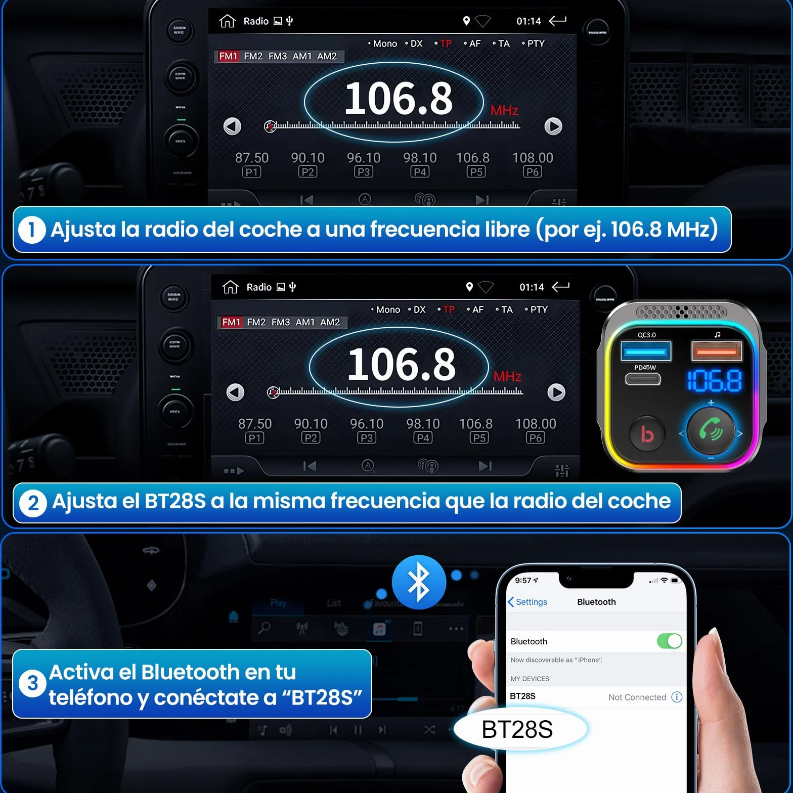 GizmoVine Bluetooth FM Transmitter Car Charger 63W PD 45W 18W Dual USB LED Handsfree Zinc Alloy