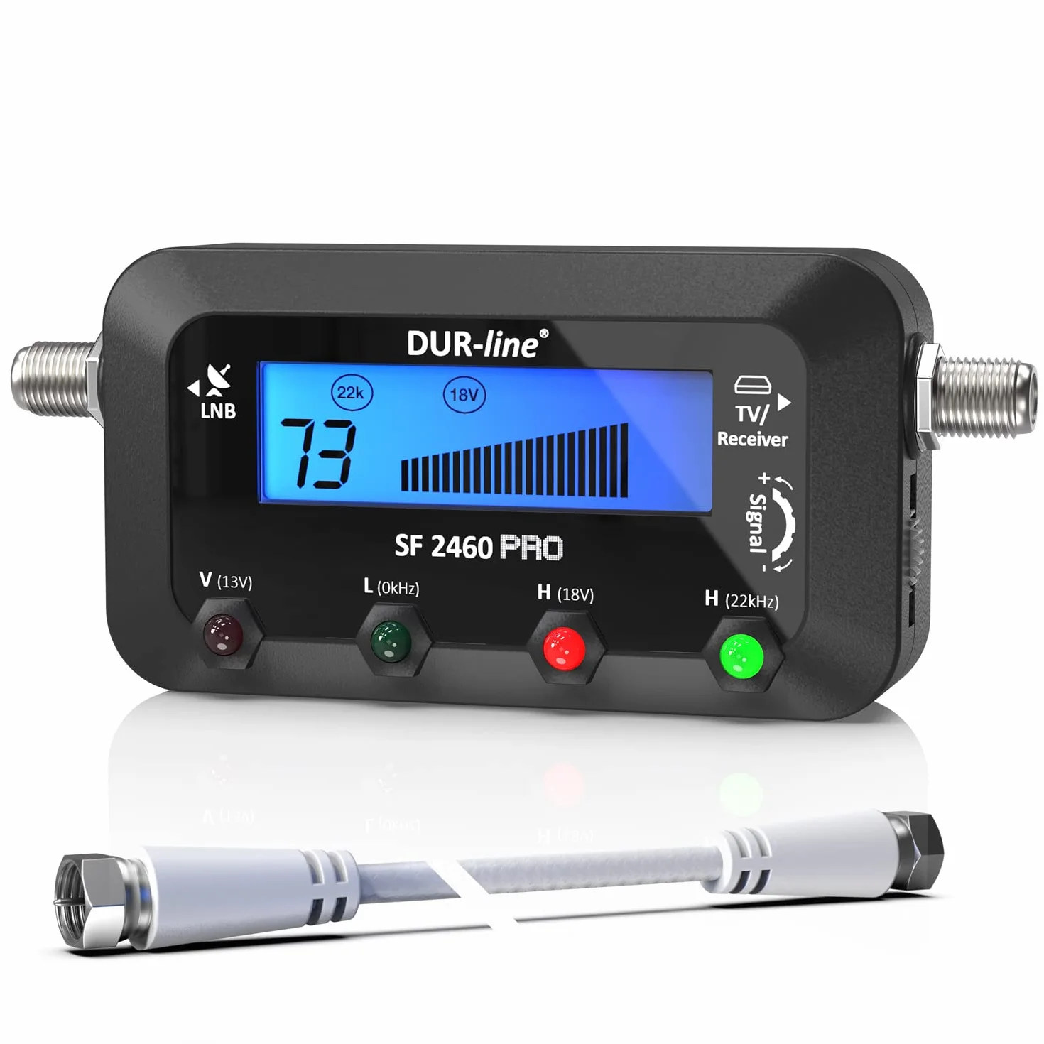 DUR-line SF 2460 Pro – Digital Satfinder – Medidor preciso para alinear tu cuenco satelital – Buscador de satélite, incluye cable F, señal de sonido, pantalla LCD, Astra, Hotbird