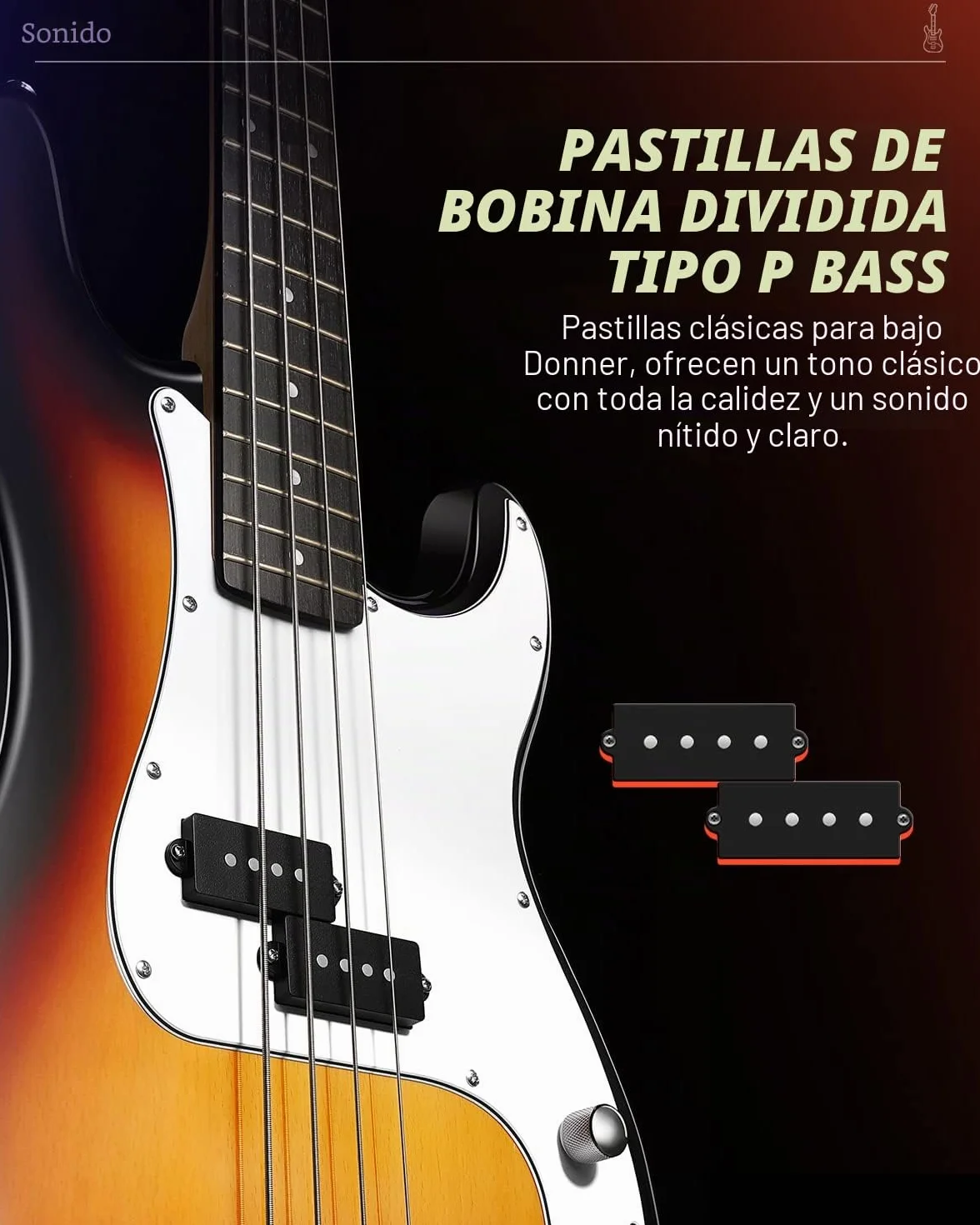Donner 4 cuerdas Bajo Eléctrico Tamaño Completo con bolsa, correa de guitarra y cable de guitarra (Sunburst, DPB-510S)