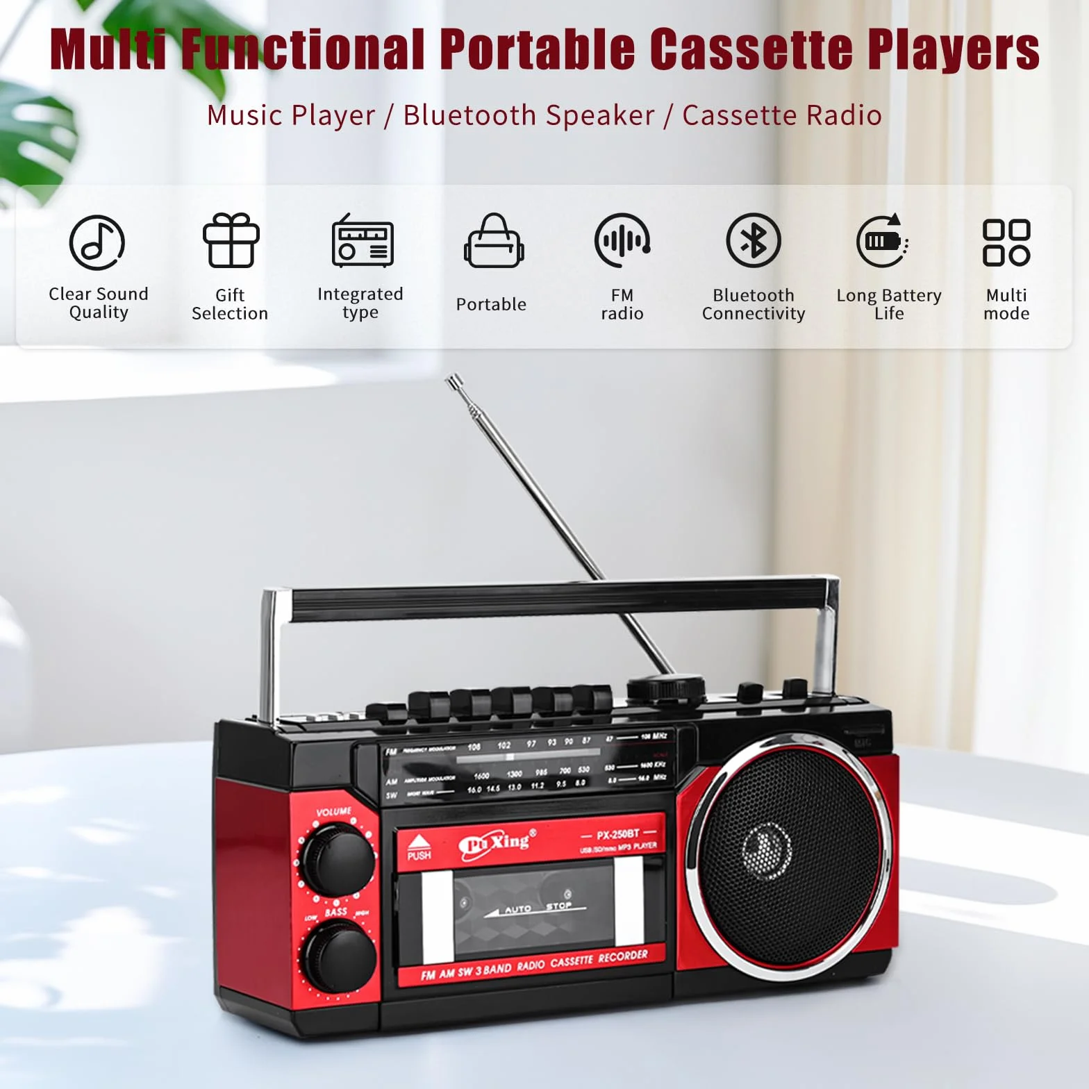 Reproductor de cassette portátil FM/AM/SW Bluetooth Tarjeta Grabación