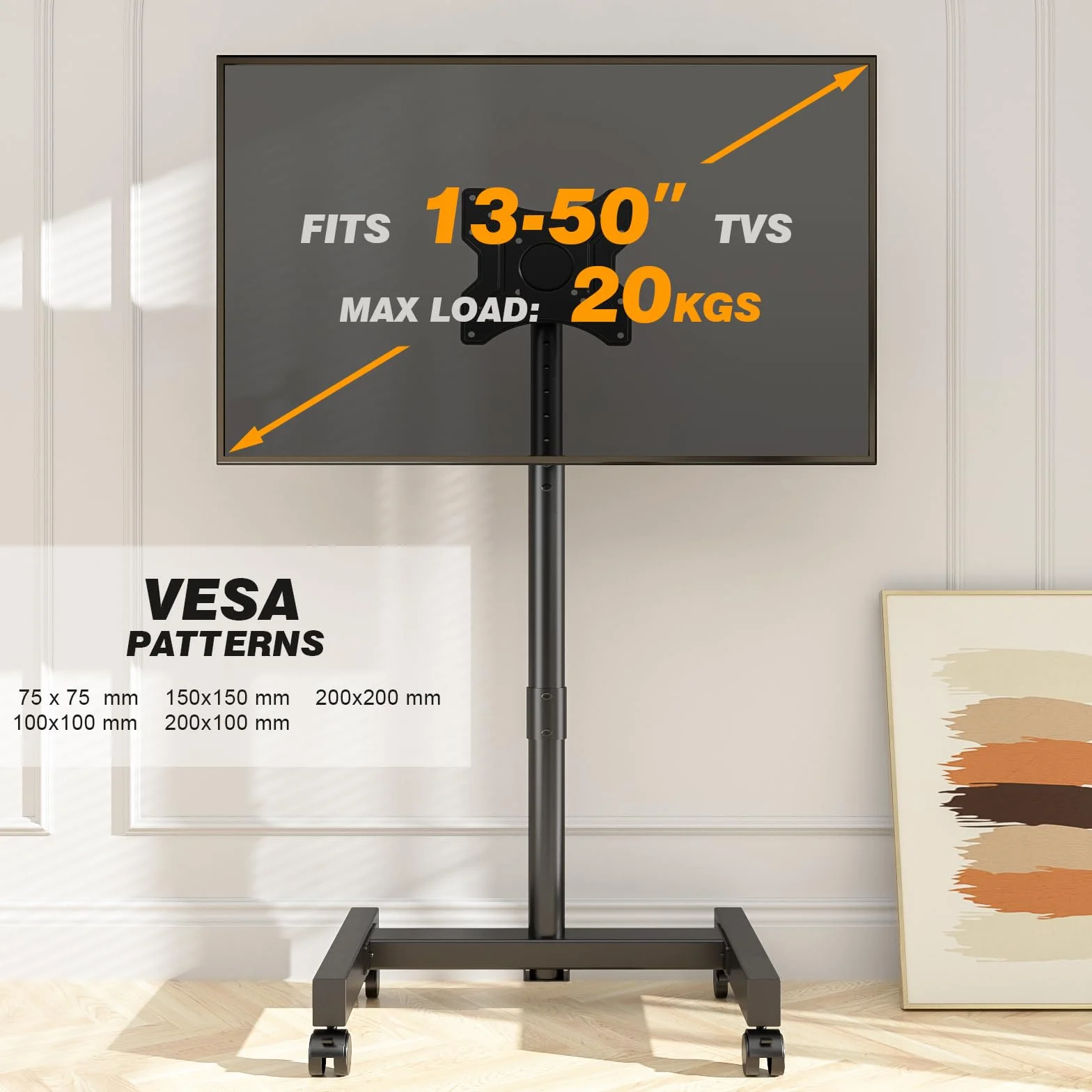 TVON Soporte TV con Ruedas para Television de 13-50 Pulgadas de Plasma/LCD/LED, Altura Ajustable Soporte TV Suelo Inclinación Carrito TV con Ruedas de hasta 20 kg, Máx VESA 200x200 mm, Negro
