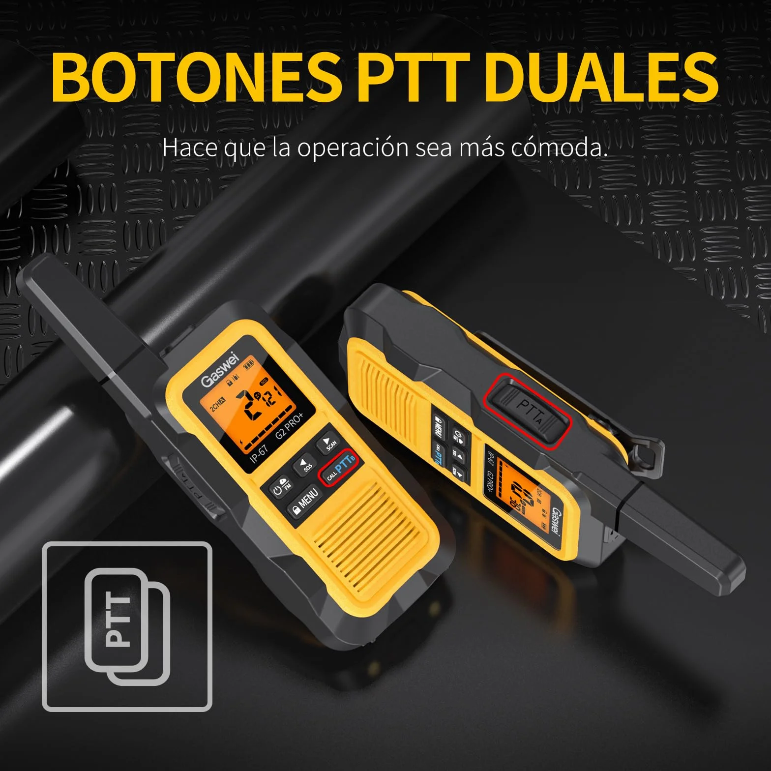 Gaswei G2Pro Walkie-Talkies Profesionales, 2 Unidades - IP67 Impermeable y Flotante, Largo Alcance, SOS, Radio FM, Color Amarillo