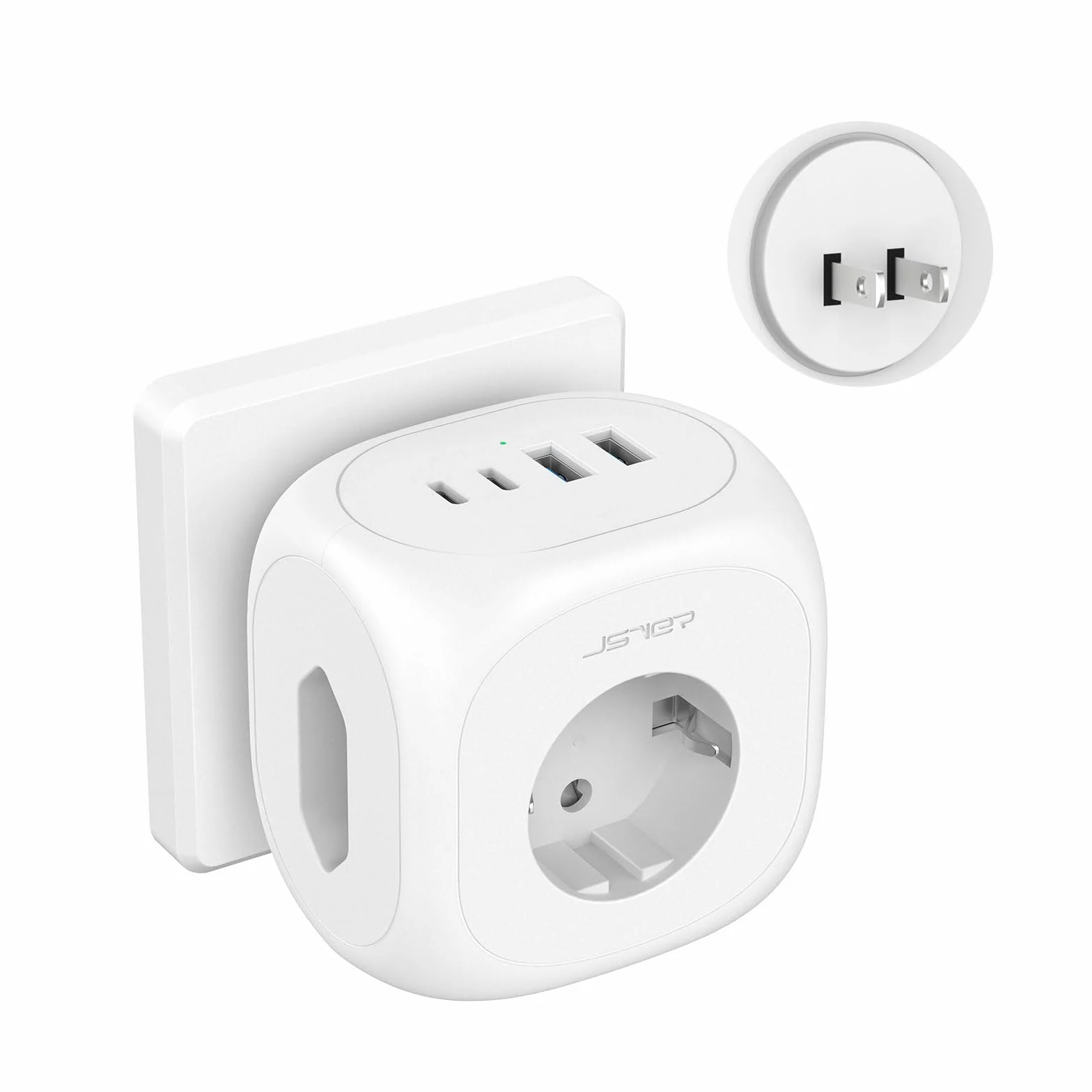 Adaptador Japon 3 Tomas, JSVER 7 en 1 Adaptador Enchufe para Japan Tipo A con 2 USB A y 2 USB C, Enchufe de Viaje para Español a Japones,América, México, Canadá, Tailandia-Blanco