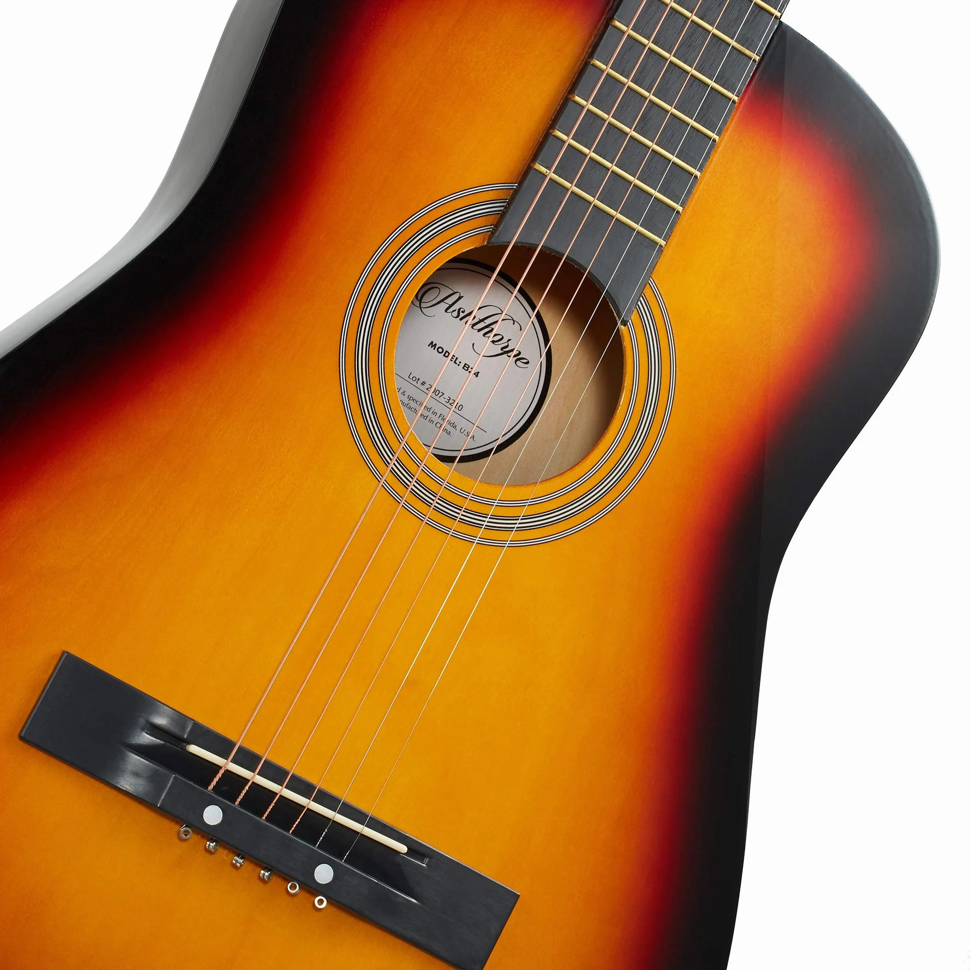 Ashthorpe Paquete de guitarra acústica para principiantes de 38 pulgadas (Sunburst), kit básico de inicio con bolsa de concierto, cuerdas, correa, afinador, tubo de tono, púas