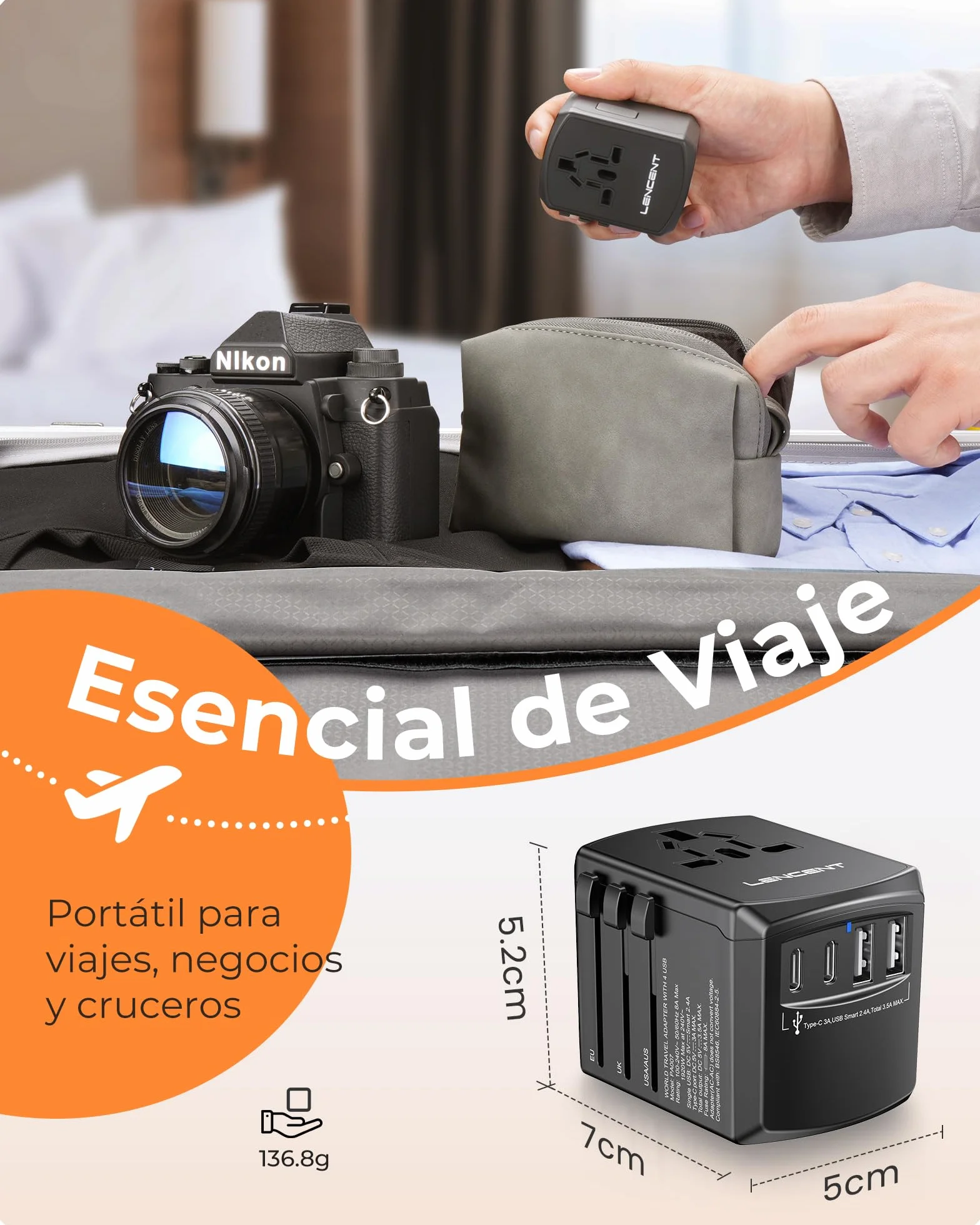 LENCENT Adaptador Enchufe de Viaje Universal, Cargador de Pared USB Internacional de 2 Puertos USB-A y 2 Tipo C para EEUU/UK/EU/AUS Más de 200 Países para Teléfonos, Tabletas, Cámara y más, Negro