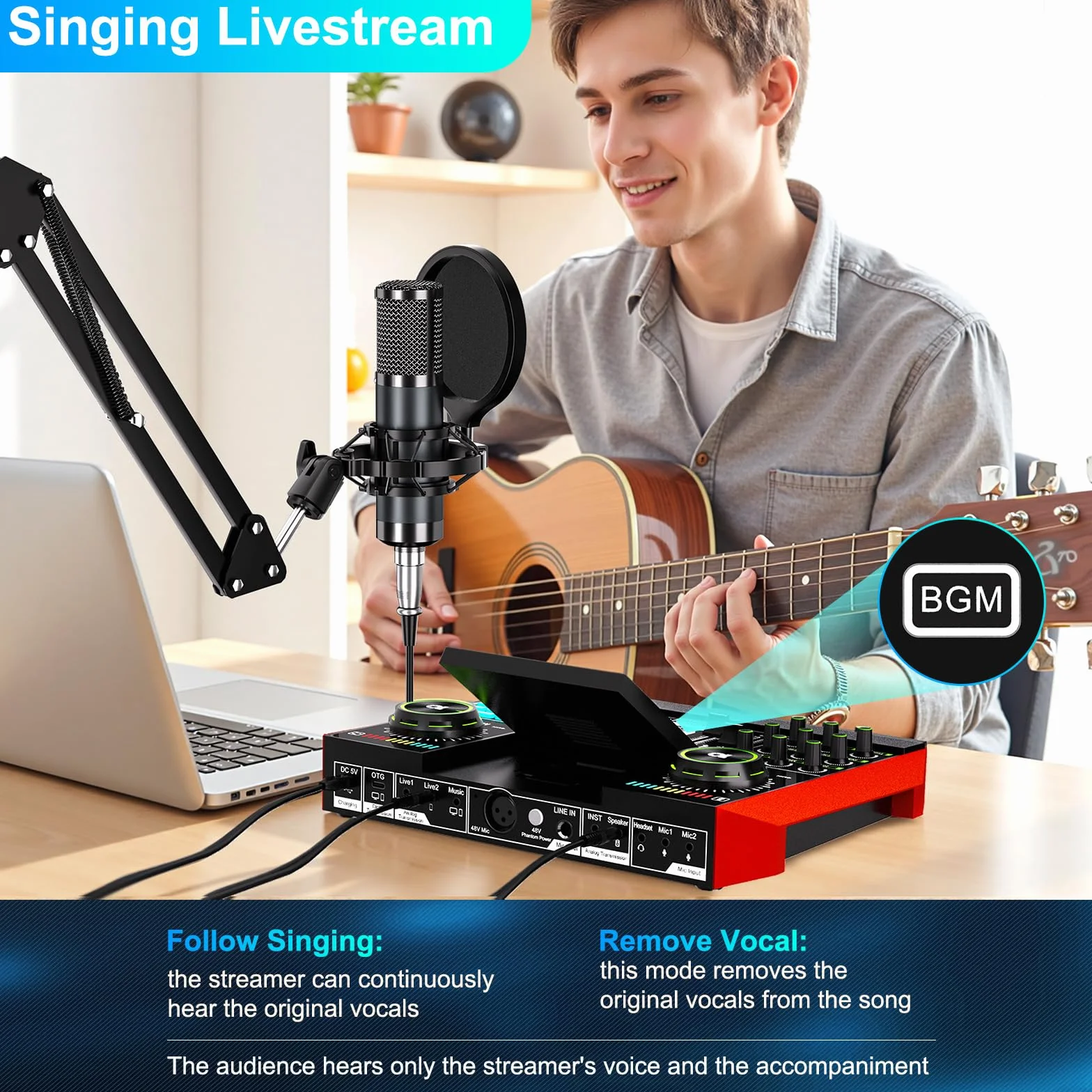 Equipo de podcast con tarjeta de sonido en vivo, mezclador de audio y micrófono de condensador de 3,5 mm para canto en vivo, creación de contenido en streaming y tablero de sonido con soporte para