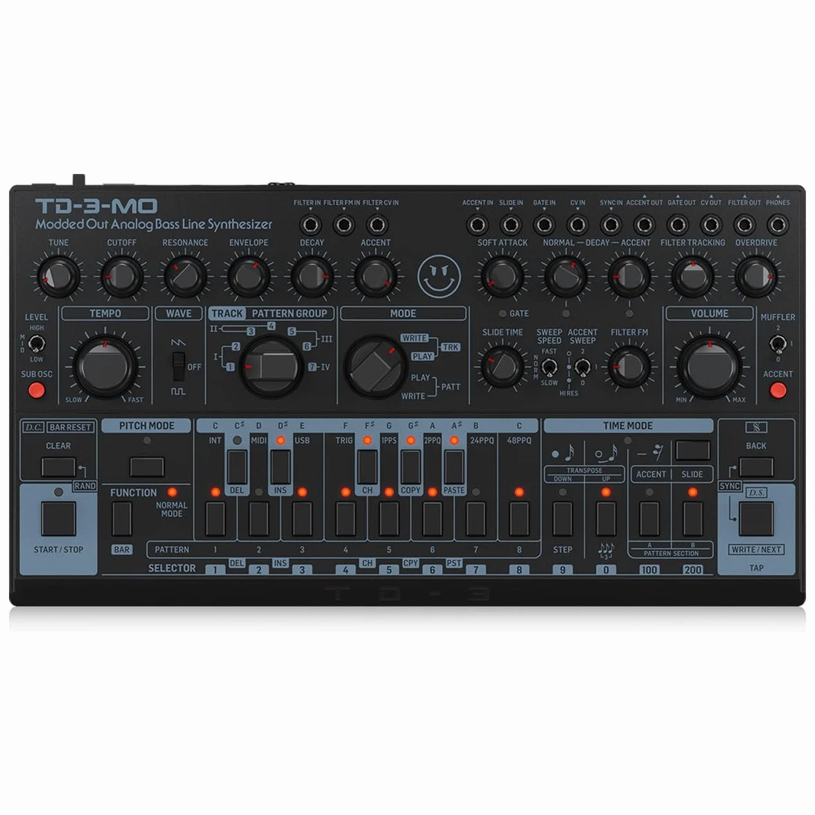 Sintetizador de línea de bajo analógico Behringer TD-3-MO-AM "Modded Out" con VCO, VCF controlable por MIDI y oscilador de subarmónicos