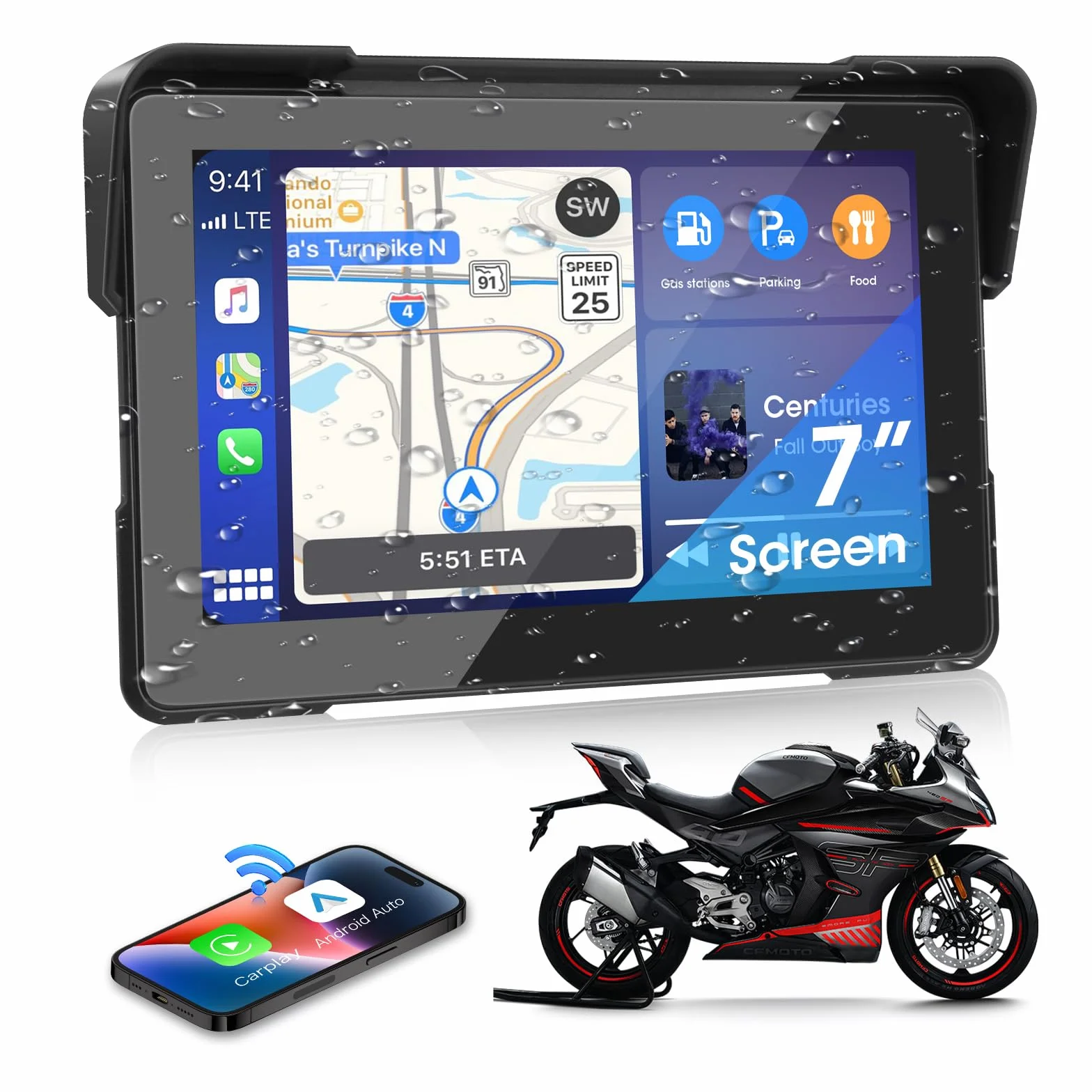 7 Pulgadas Carplay Moto Android Auto Moto Pantalla Carplay Portátil Inalámbrica con Navegador para Motocicletas, Siri/Asistente de G-oogle, Bluetooth, Impermeable IP67 para Viaje al Trabajo